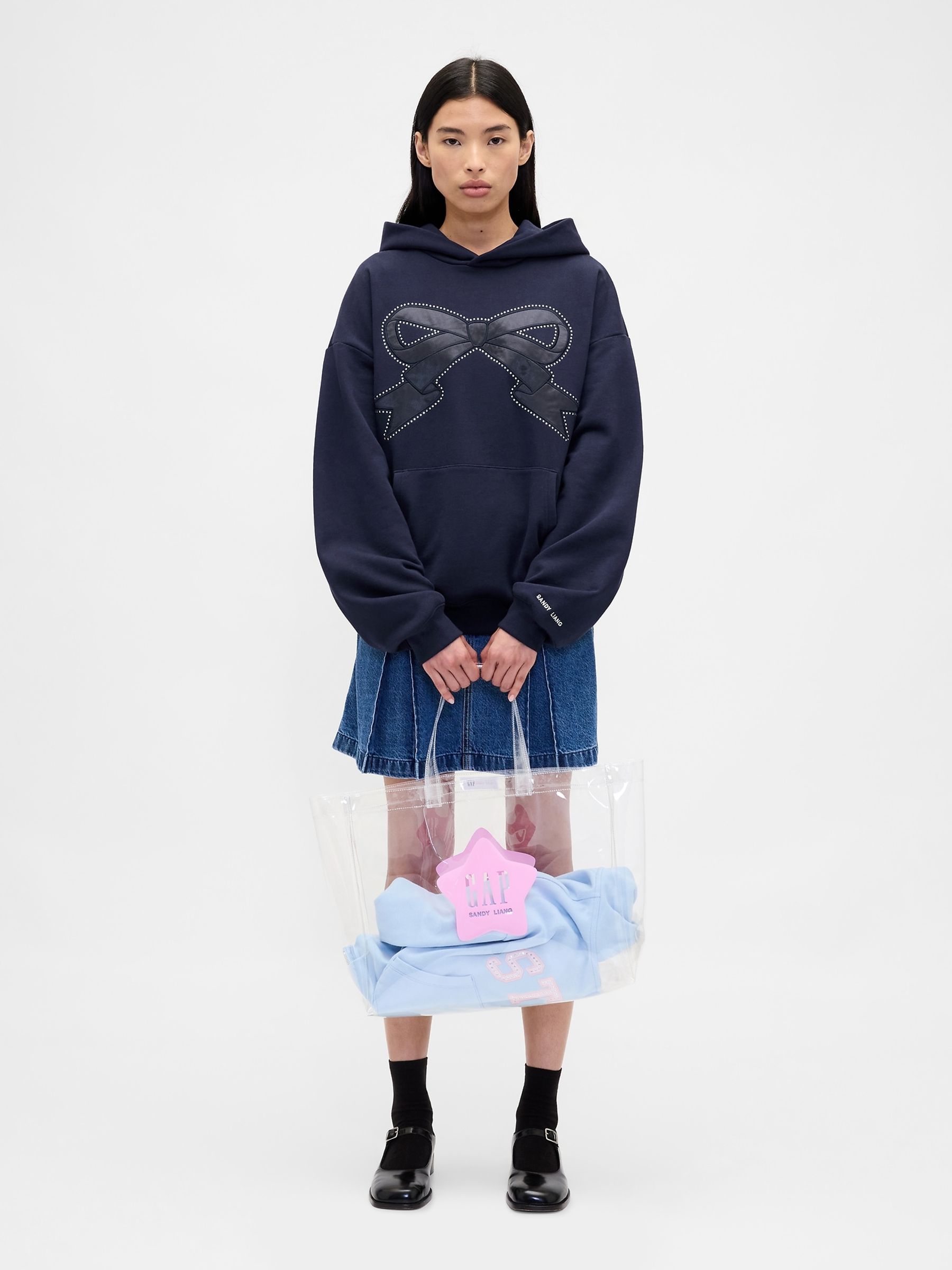 Navy Blue Sandy Liang Heavyweight Bow Oversized Hoodie - Image 3 of 4