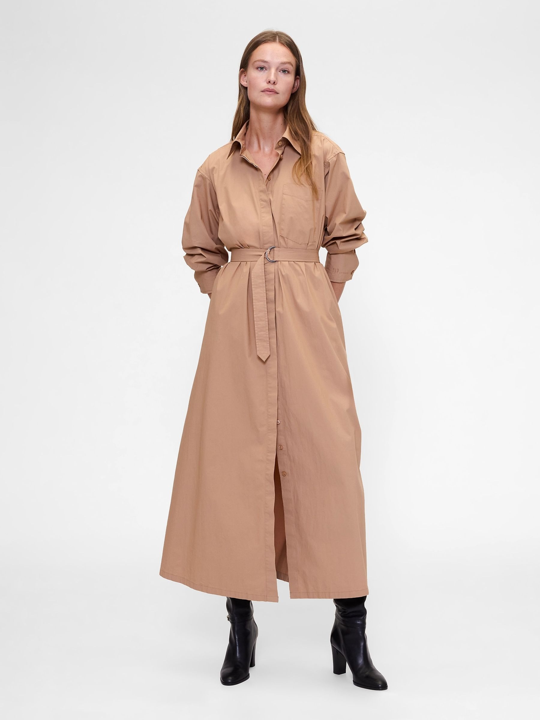 Beige Poplin Belted Maxi Shirt Dress - Image 1 of 4