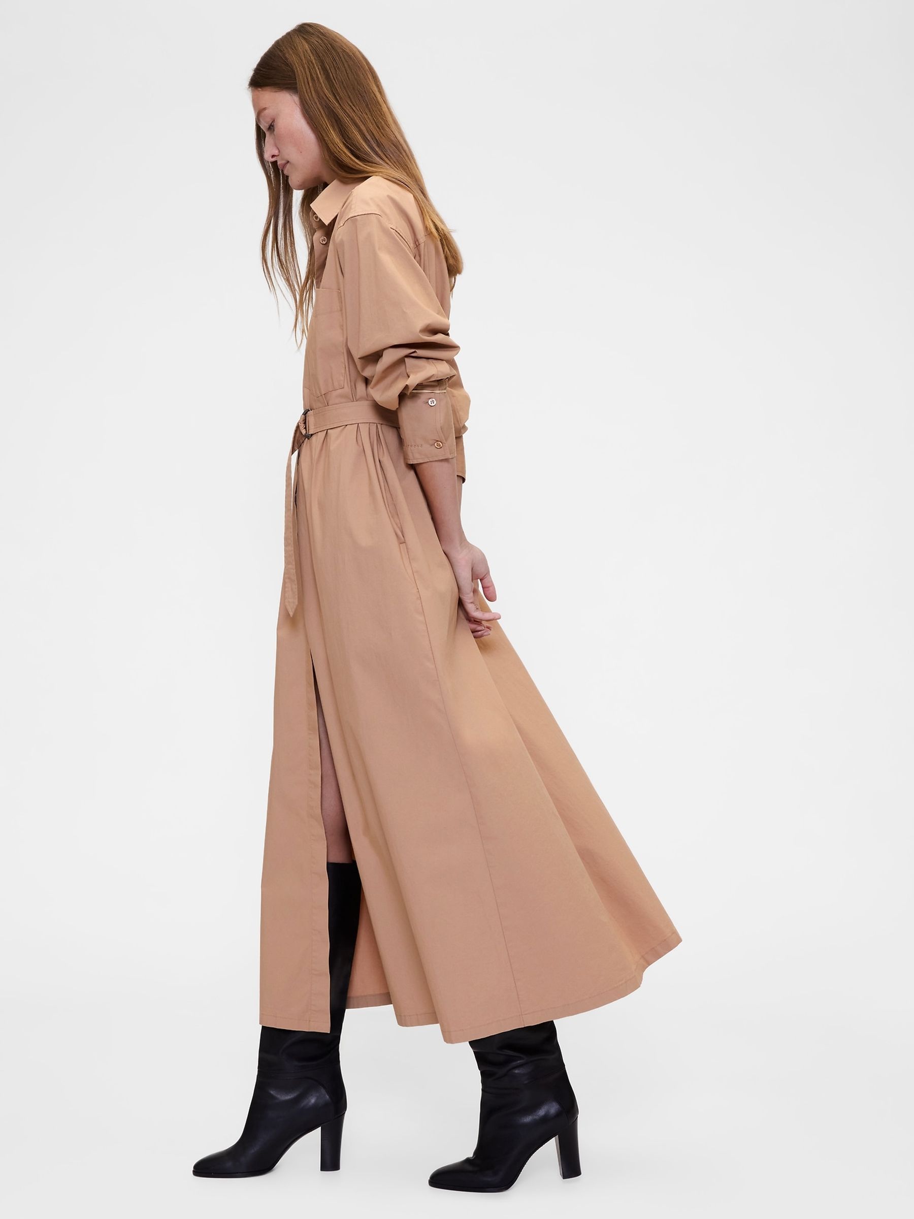 beige long shirt dress Modest Beige Loose Midi Shirt Dress with Long Sleeves main image 0