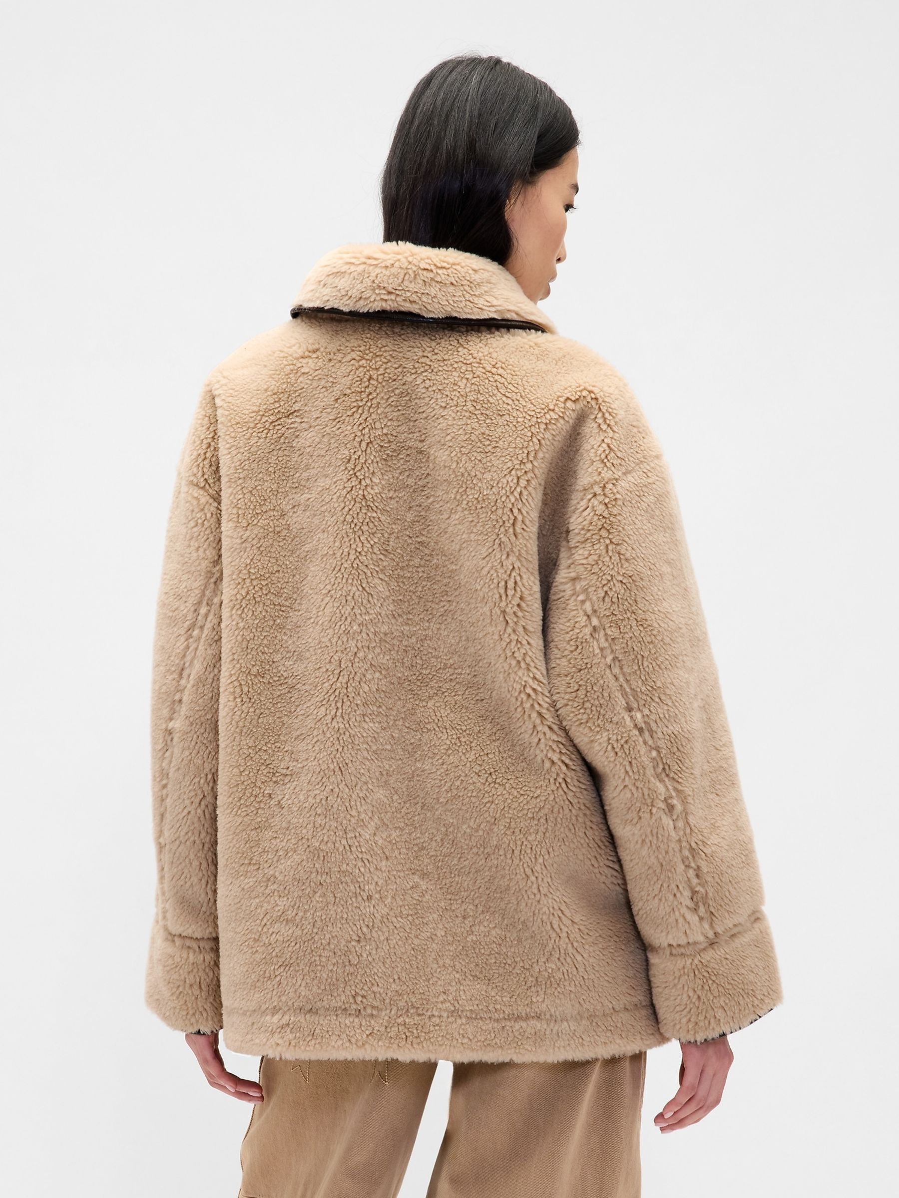 Light Brown Sandy Liang Reversible Vegan Leather Sherpa Jacket - Image 3 of 7