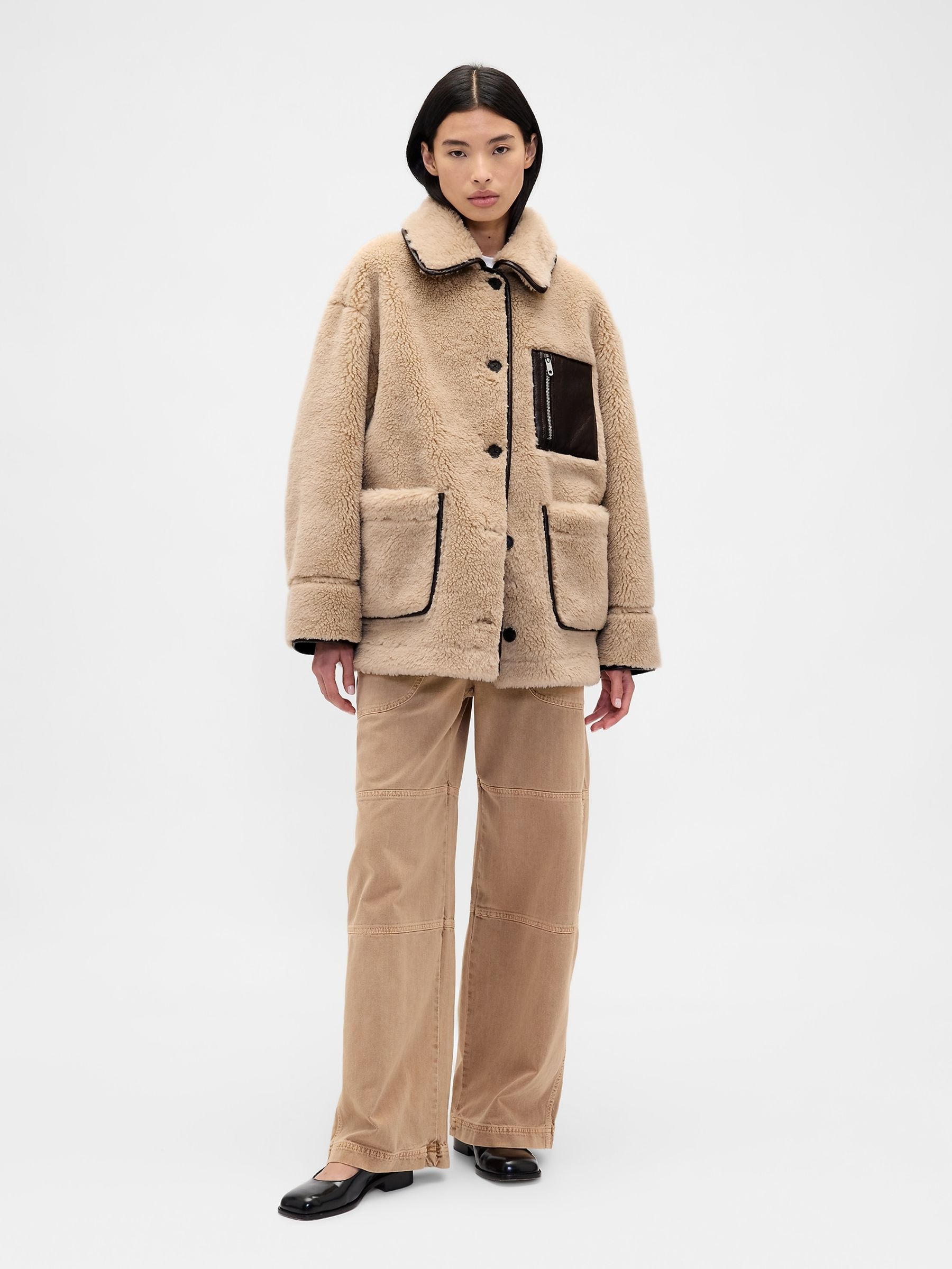 Light Brown Sandy Liang Reversible Vegan Leather Sherpa Jacket - Image 4 of 7