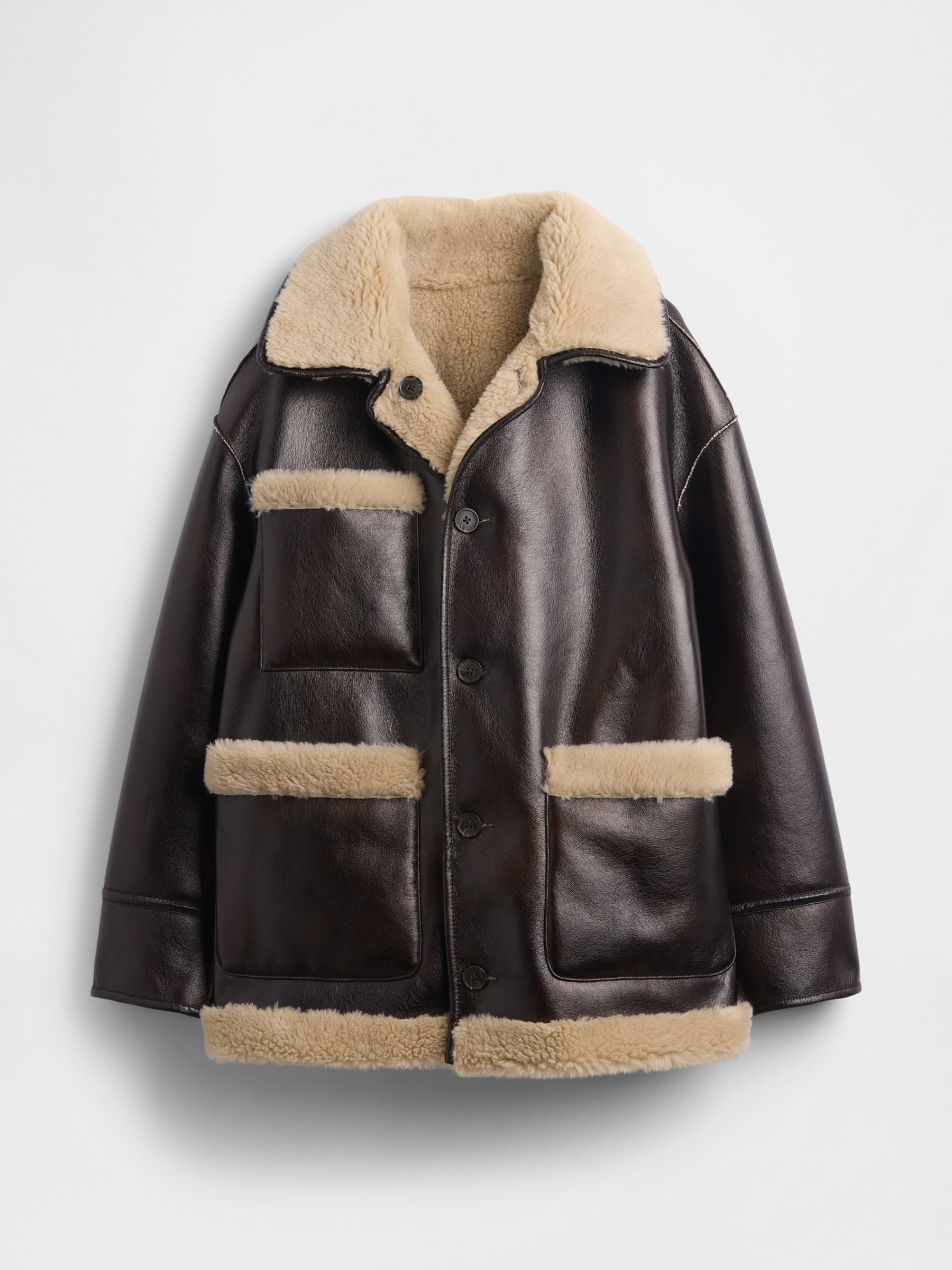 Light Brown Sandy Liang Reversible Vegan Leather Sherpa Jacket - Image 6 of 7