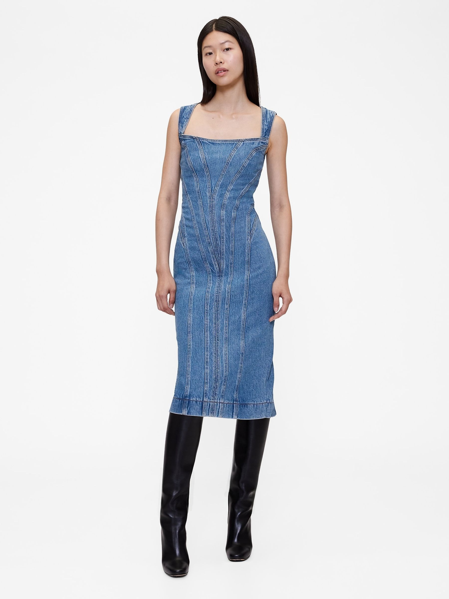 Blue Seamed Denim Midi Dress - Image 1 of 4