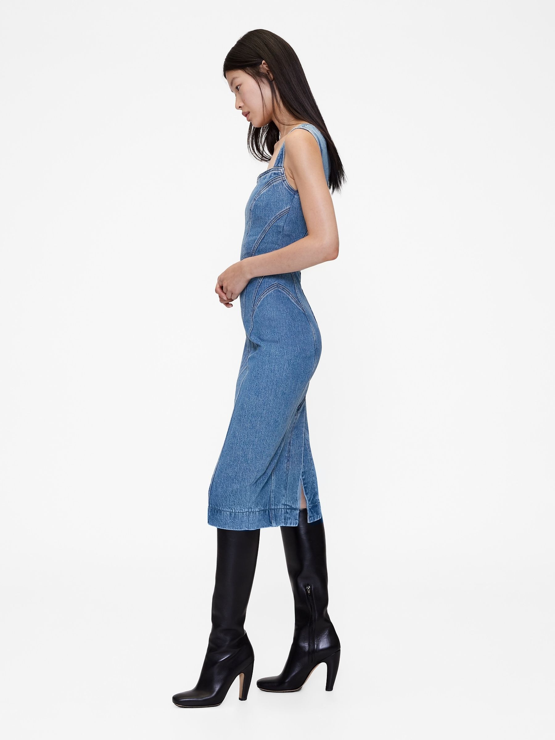 Blue Seamed Denim Midi Dress - Image 3 of 4