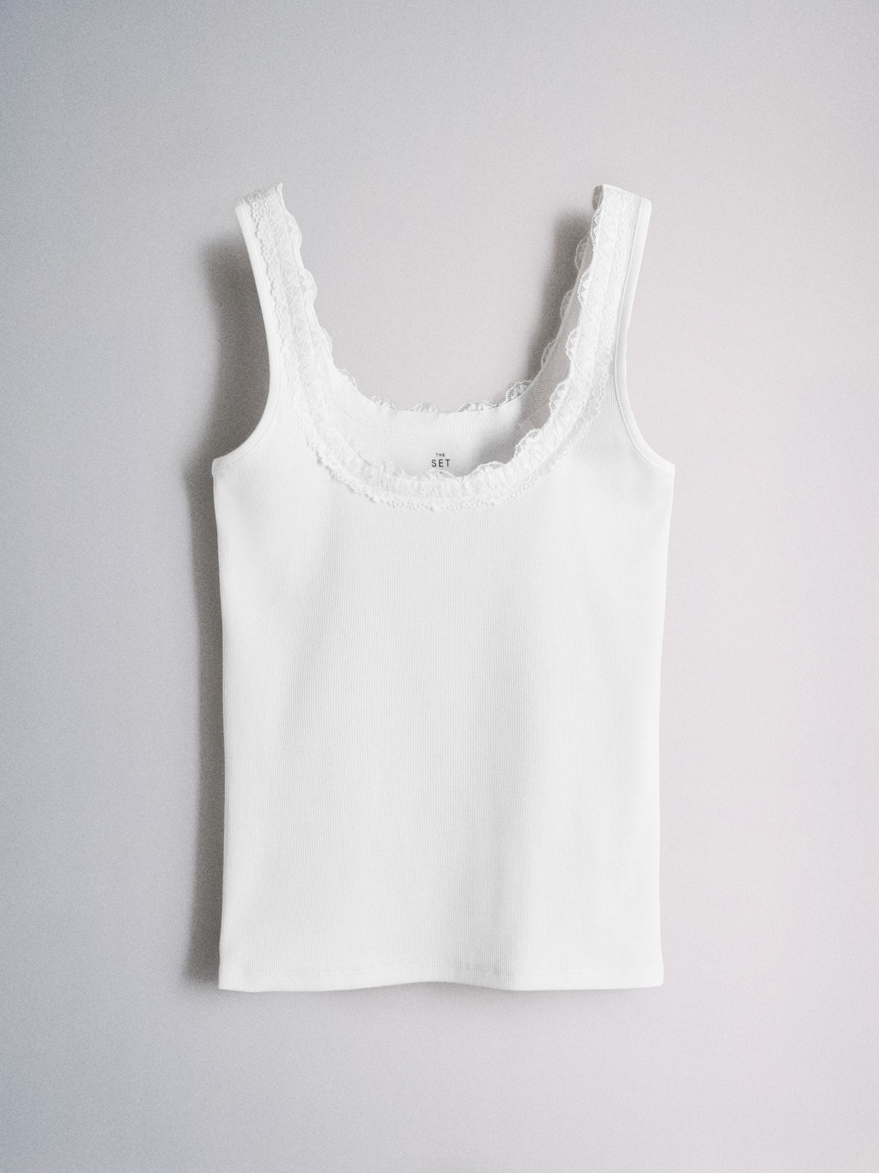 4 Pack Square Neck Lace Trim Ribbed Vest Black/Grey/White - Image 2 of 6