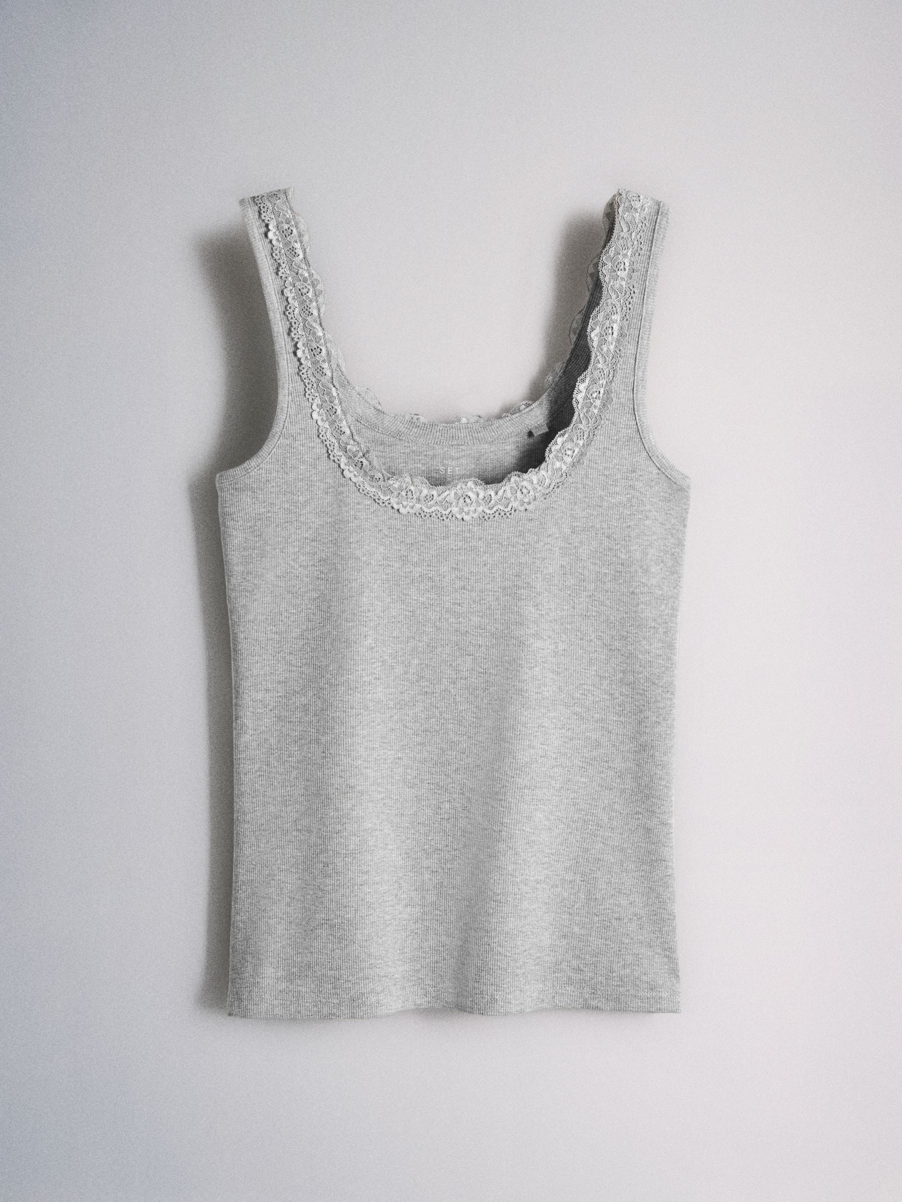 4 Pack Square Neck Lace Trim Ribbed Vest Black/Grey/White - Image 3 of 6