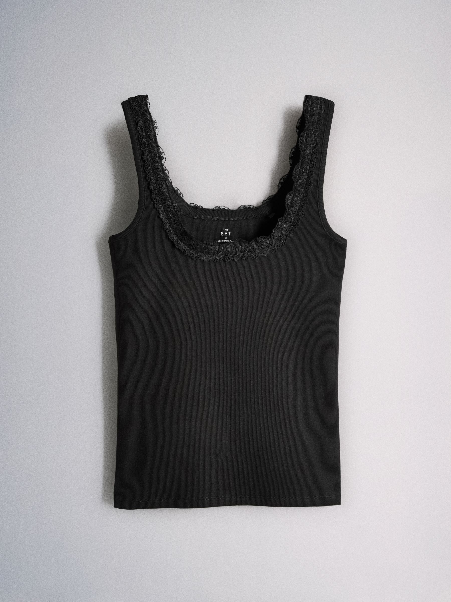 4 Pack Square Neck Lace Trim Ribbed Vest Black/Grey/White - Image 4 of 6