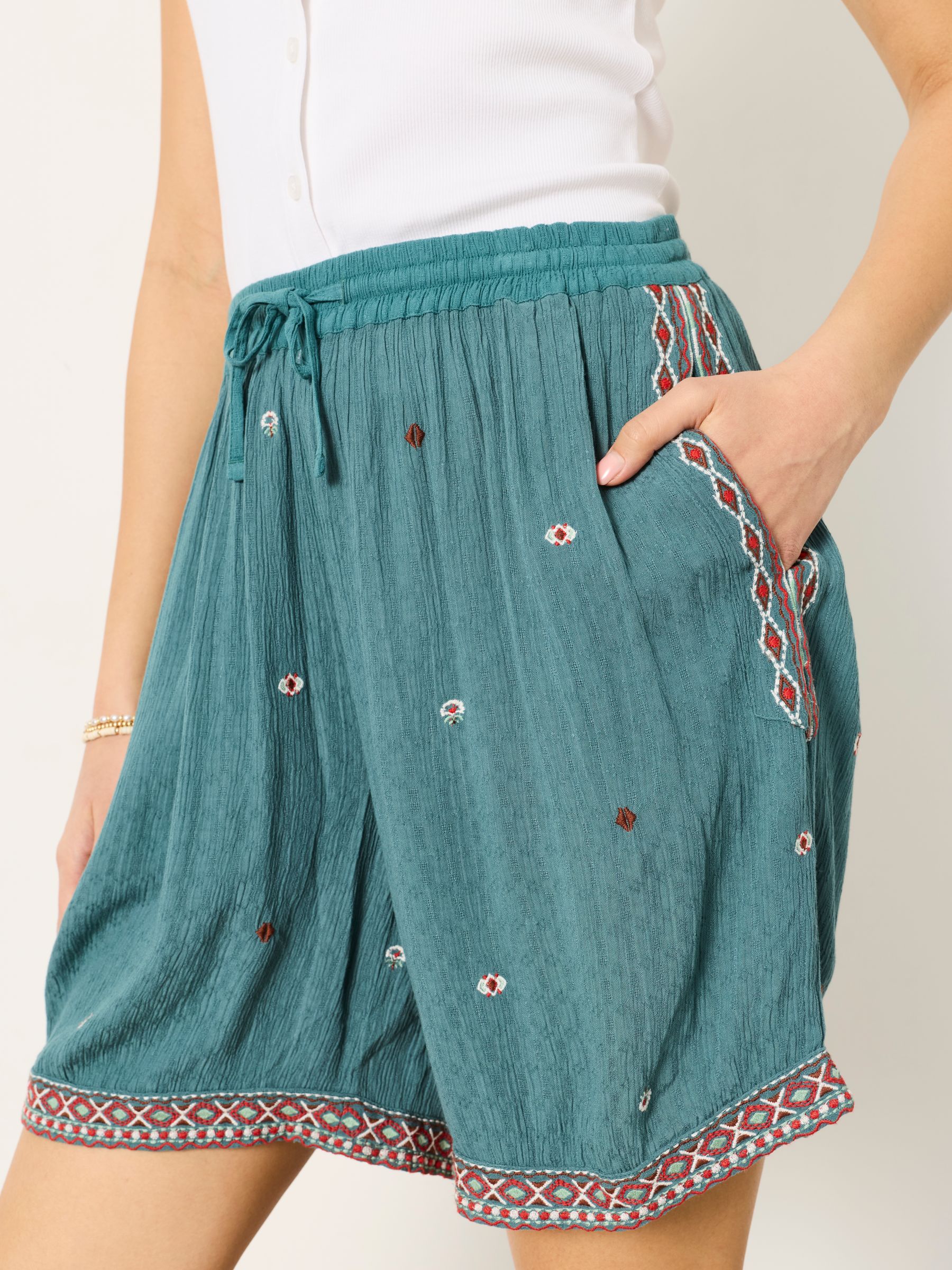 Evie Teal Blue Embroidered Shorts - Image 4 of 7