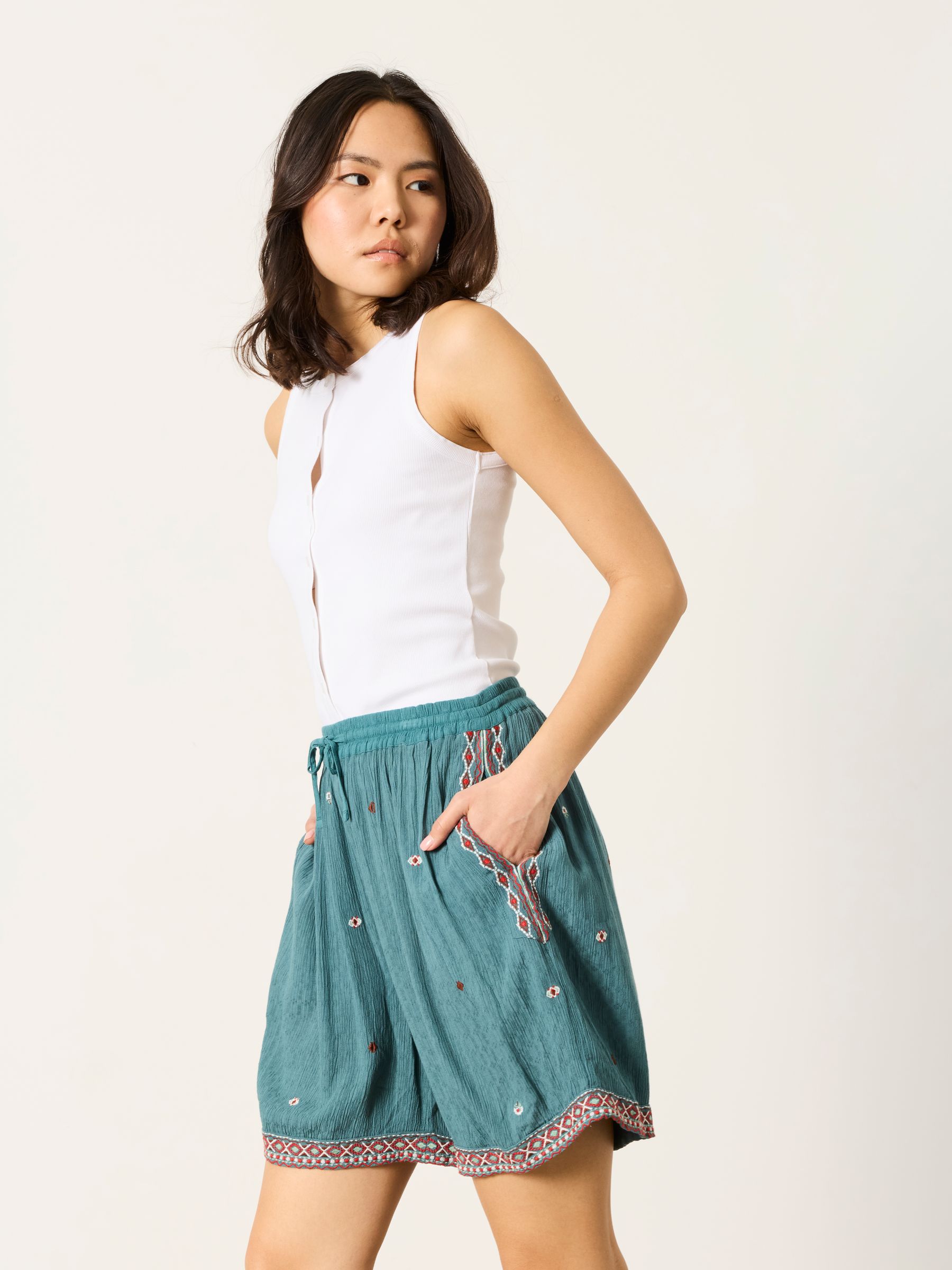 Evie Teal Blue Embroidered Shorts - Image 5 of 7