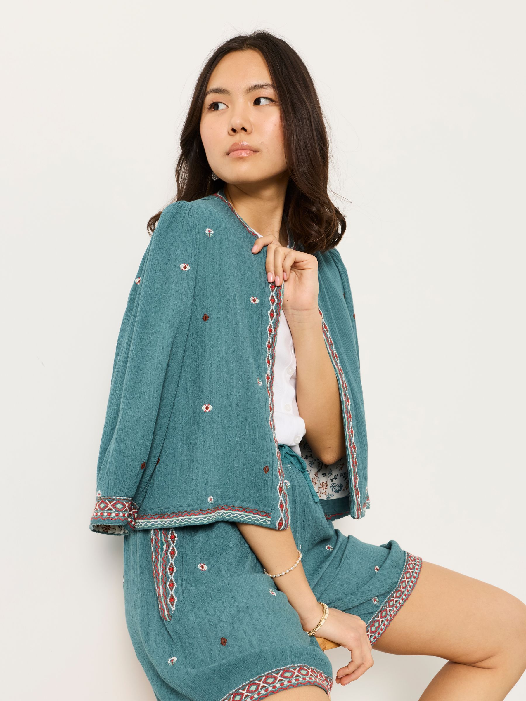 Evie Teal Blue Embroidered Shorts - Image 6 of 7