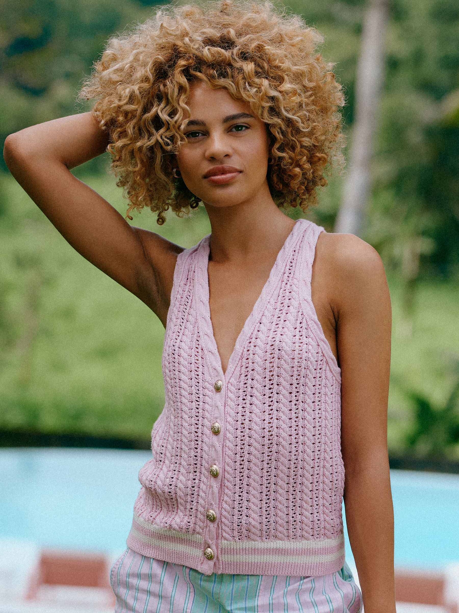Pink Halter Neck Cotton Cable Knitted Vest - Image 1 of 10