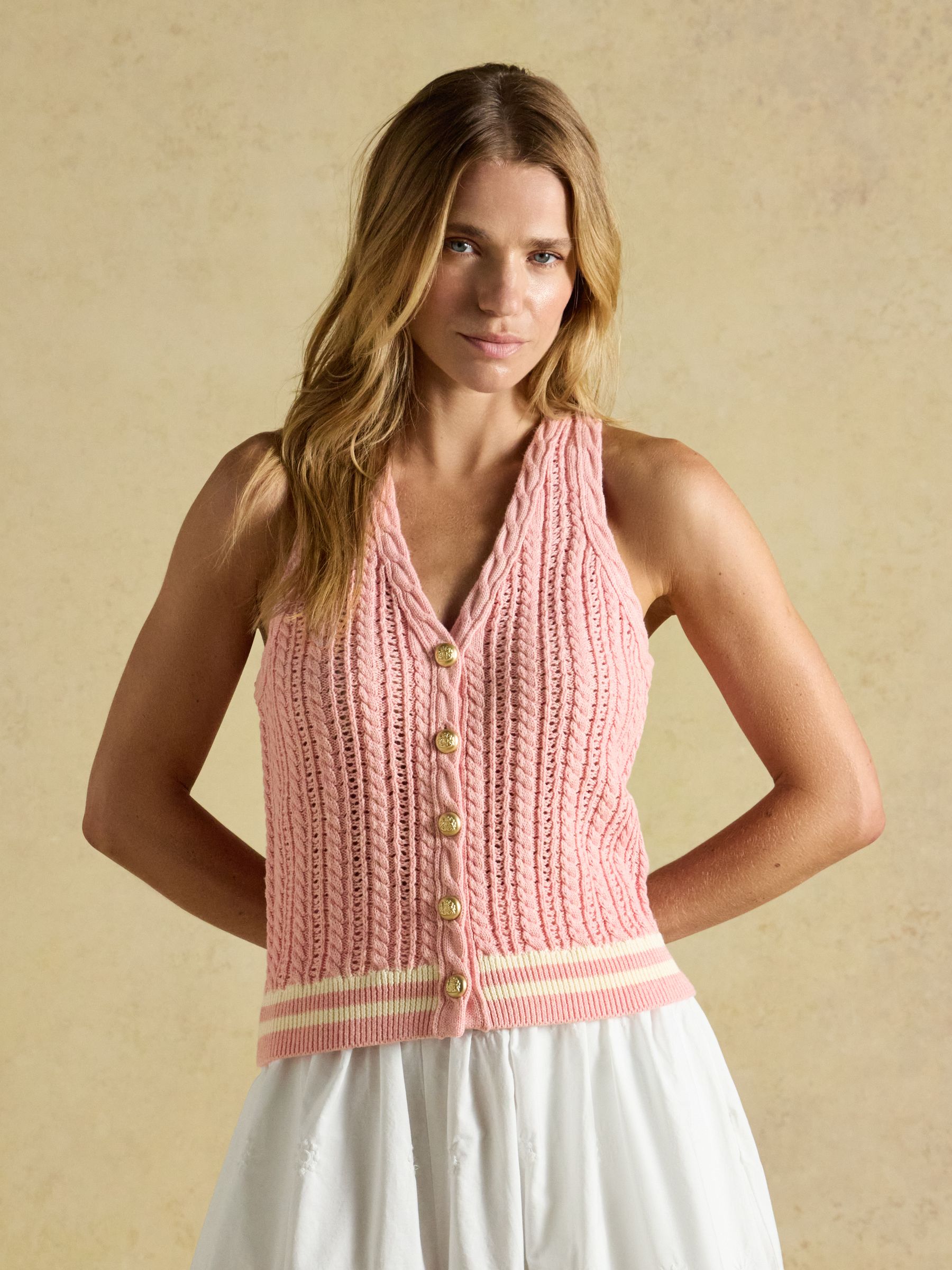 Pink Halter Neck Cotton Cable Knitted Vest - Image 4 of 10
