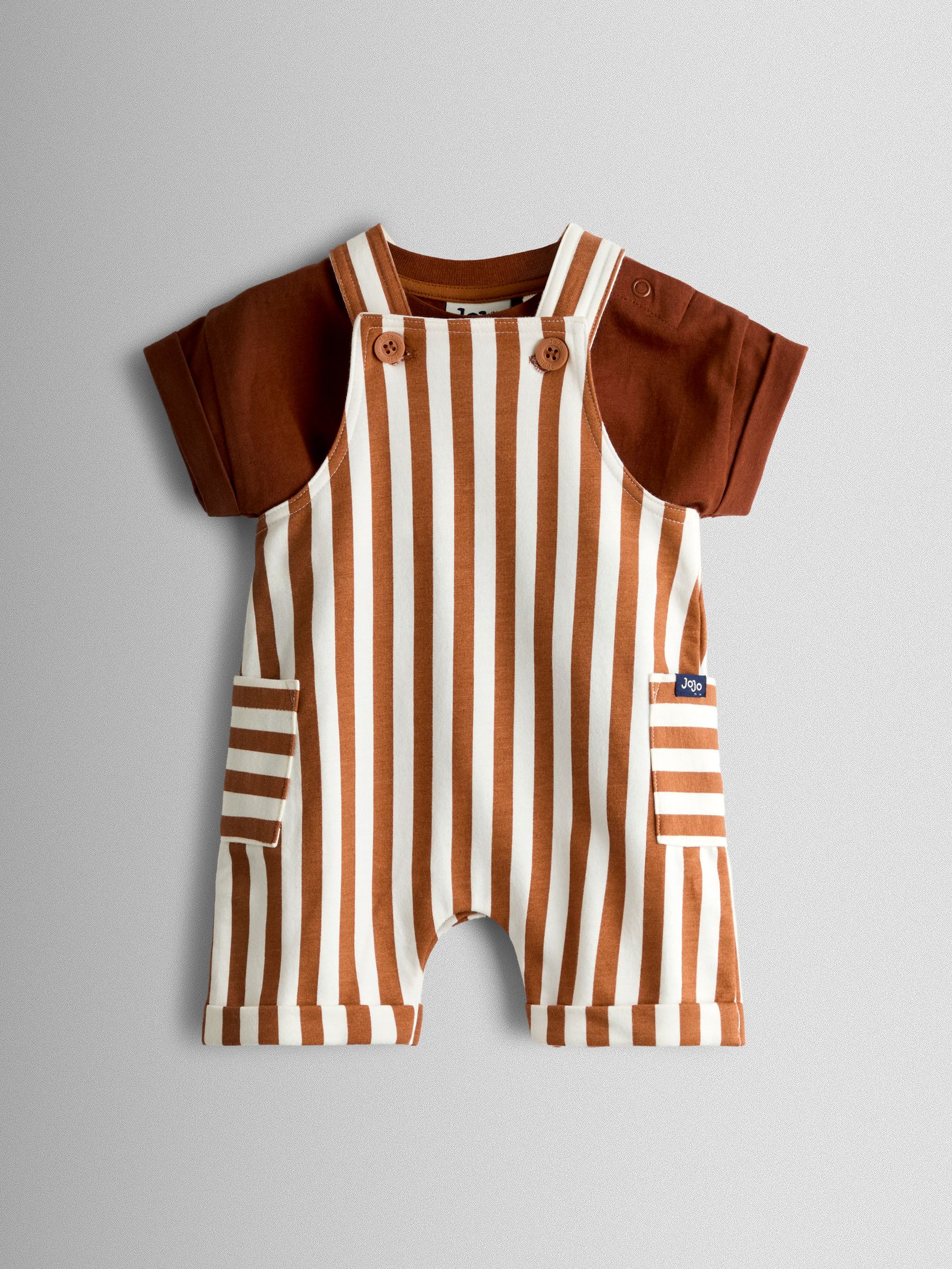 Brown 2-Piece Stripe Appliqué Dunagree & T-Shirt Set - Image 1 of 7 Brown 2-Piece Stripe Appliqué Dunagree & T-Shirt Set - Image 1 of 7