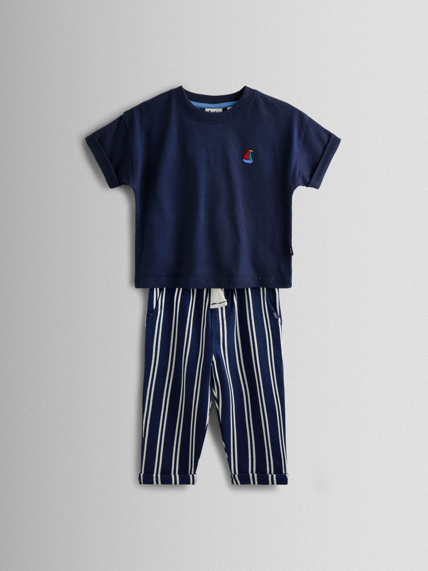 Navy Boat 2-Piece T-Shirt & Stripe Trouser Set - Image 1 of 7