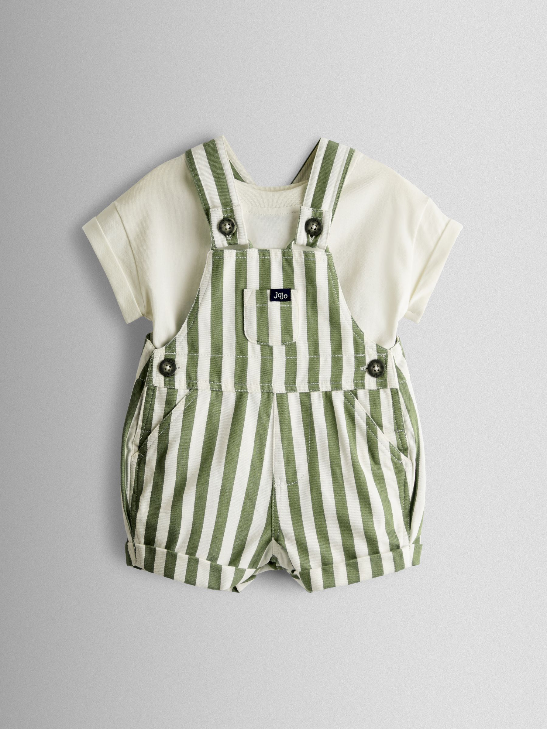 Khaki Green Stripe 2-Piece Twill Dungaree Set & T-Shirt - Image 1 of 6