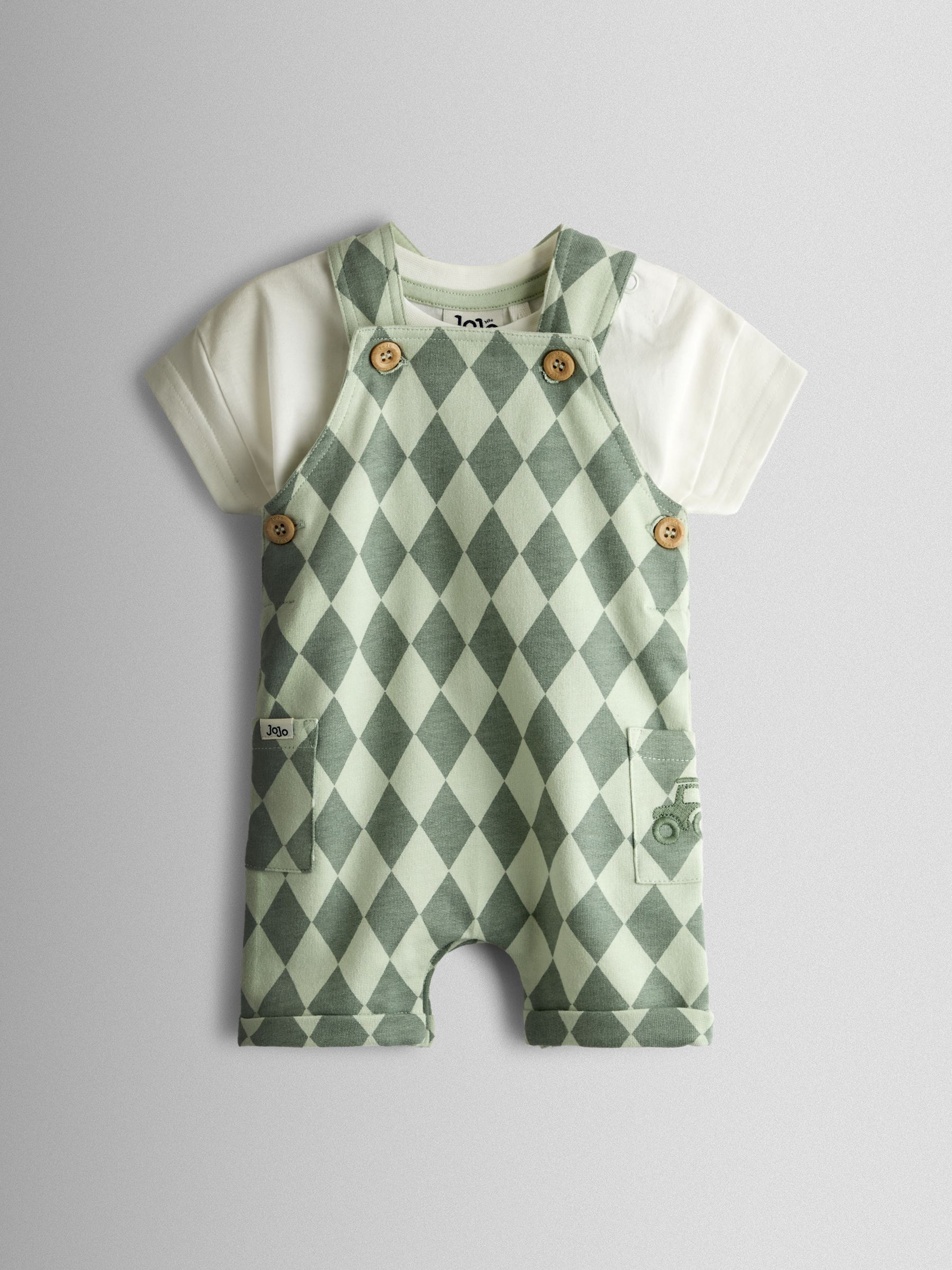 Green 2-Piece Harlequin Dungarees & T-Shirt Set - Image 1 of 7