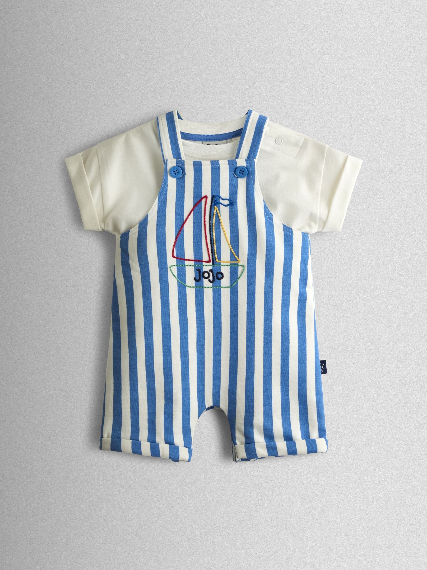 Blue Boat Stripe Appliqué Dunagrees & T-Shirt Set 2 Piece - Image 1 of 7