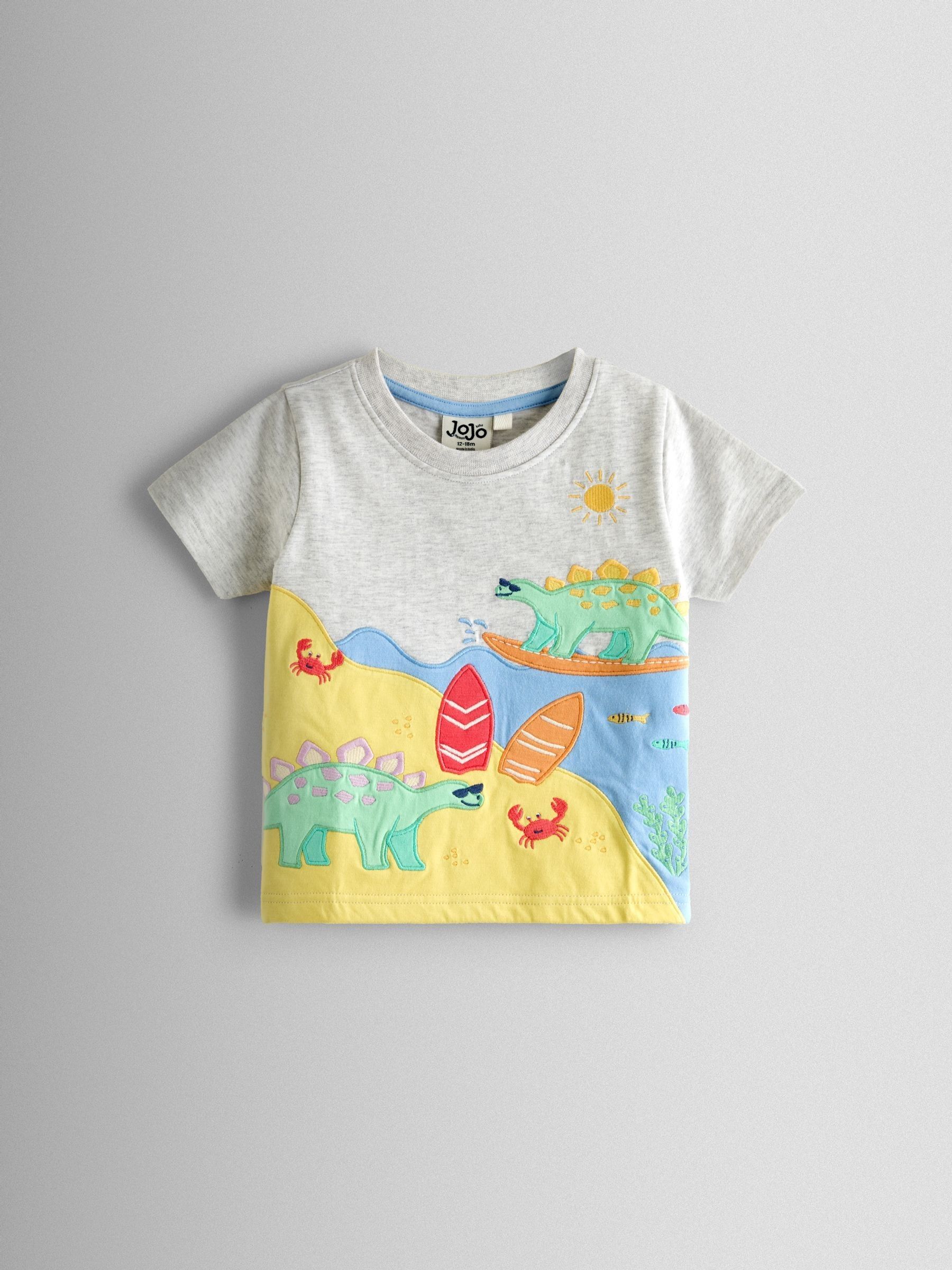 Grey Surfing Dino Scene Applique T-Shirt - Image 1 of 3