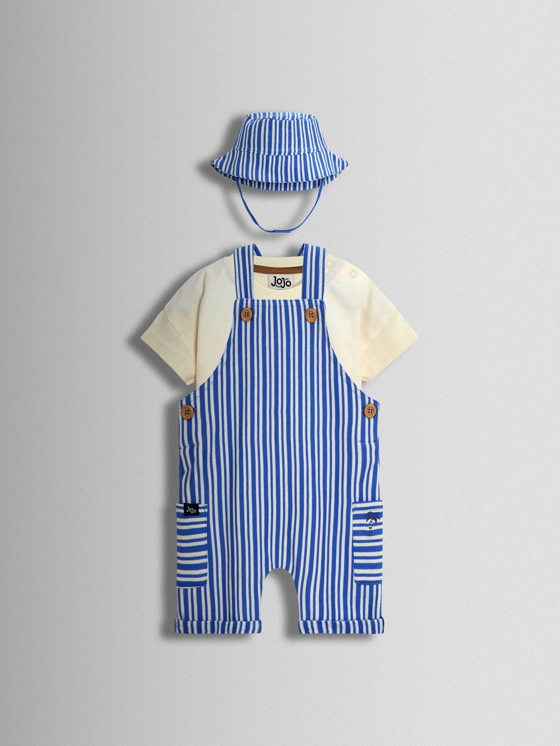 Blue 3-Piece Stripe Dungarees & T-Shirt Set with Hat - Image 1 of 8