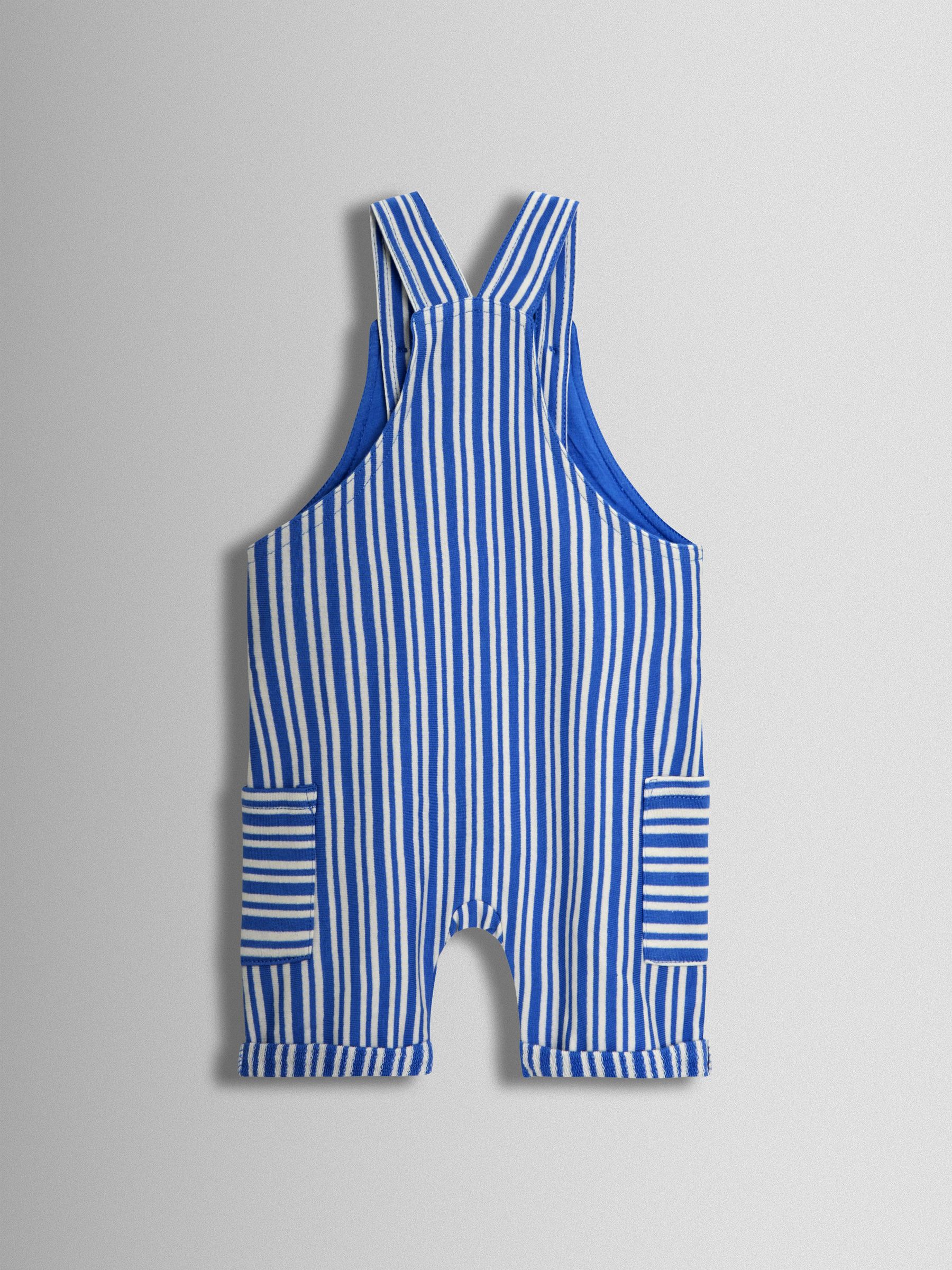 Blue 3-Piece Stripe Dungarees & T-Shirt Set with Hat - Image 3 of 8