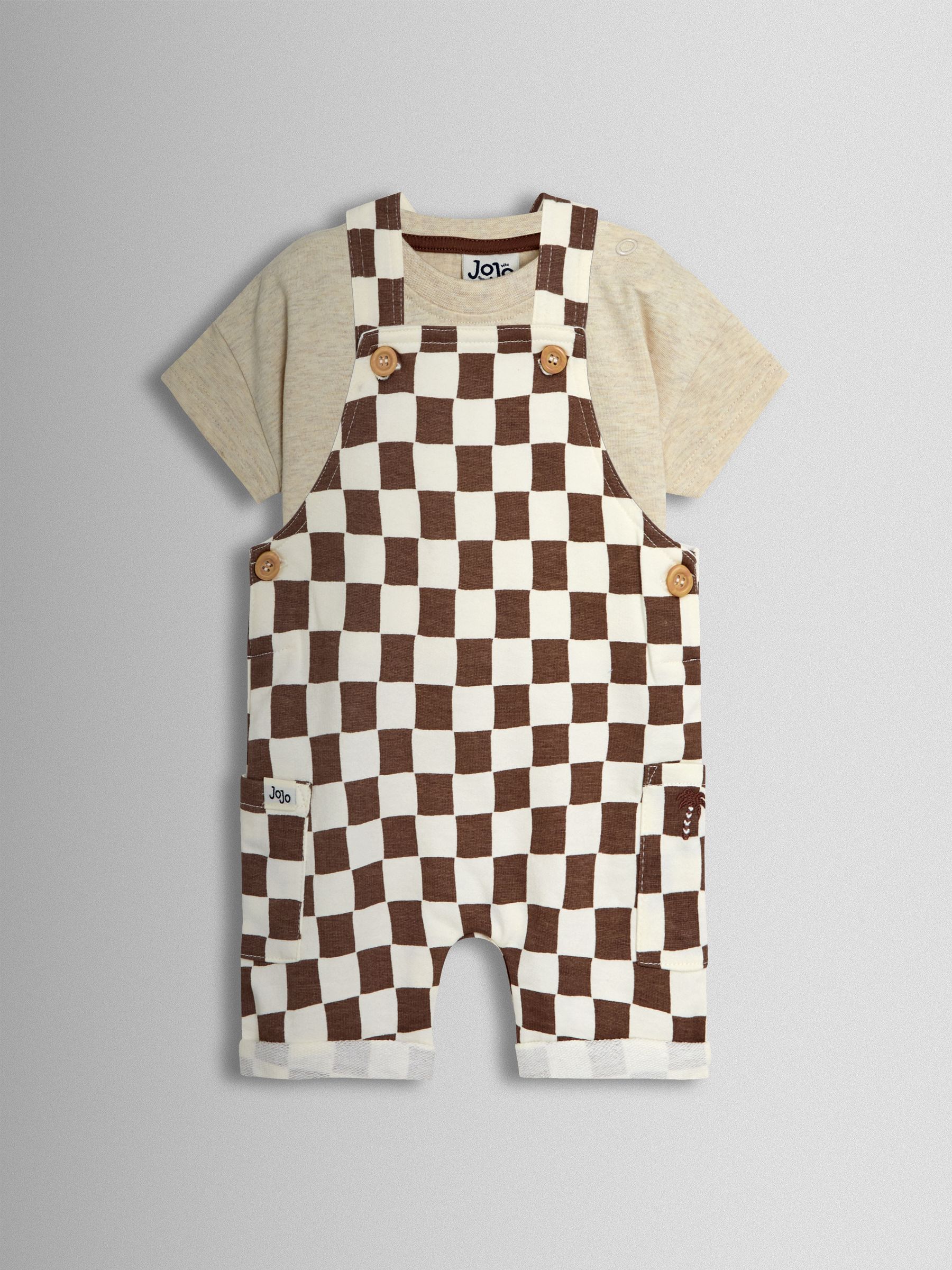 Natural 2-Piece Checkerboard Dungarees & T-Shirt Set - Image 1 of 6