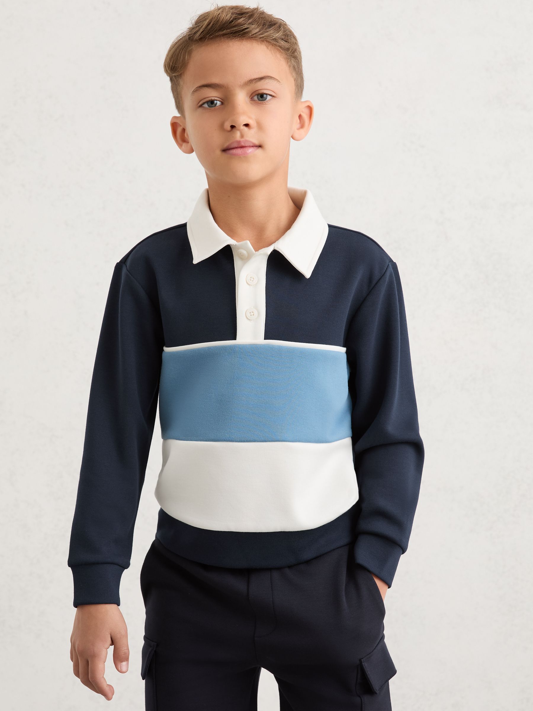 13-14 yrs Colour-Block Long-Sleeve Polo Shirt in Navy - Image 2 of 6