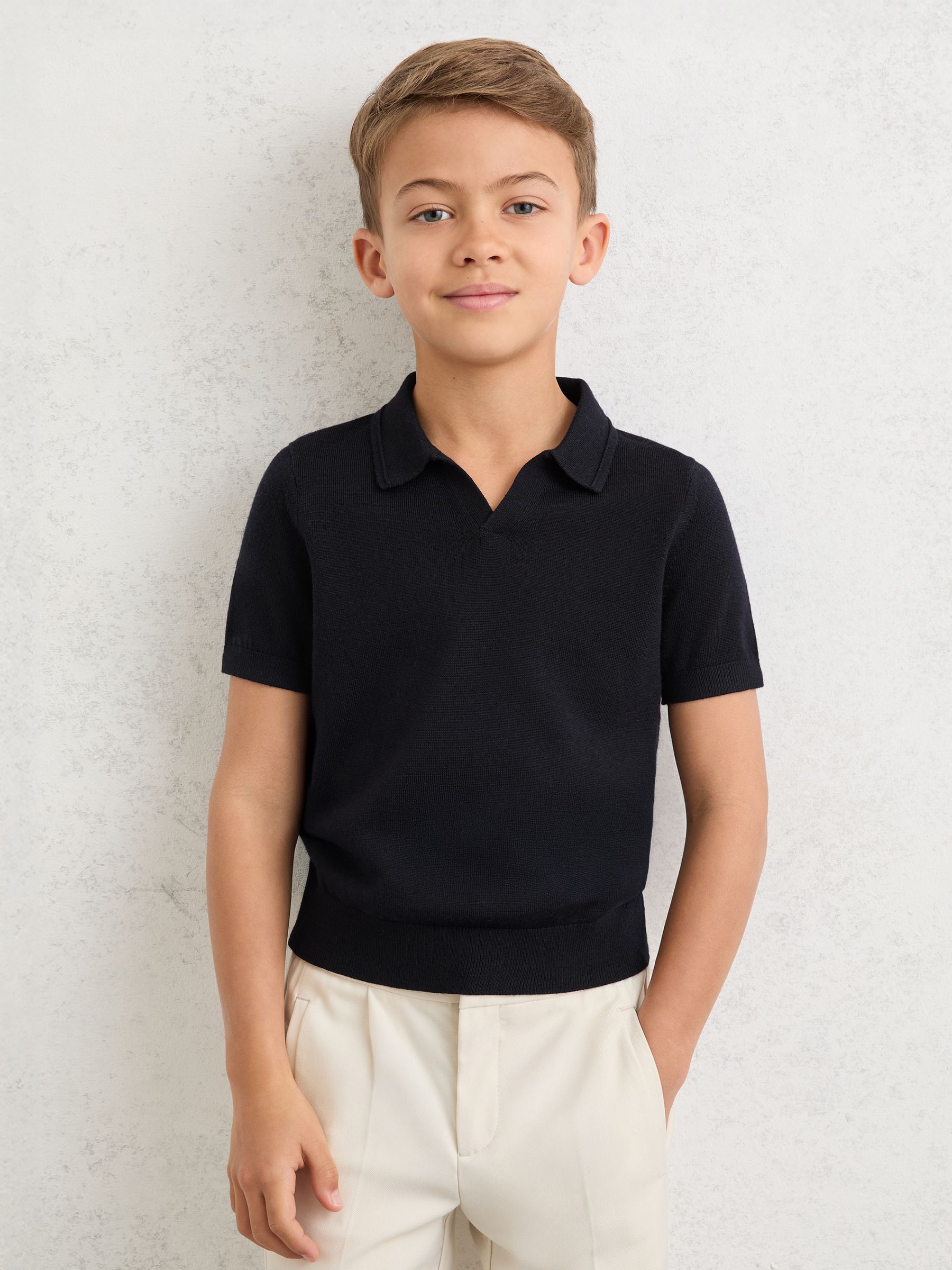 Merino Wool Open-Collar Polo Shirt in Navy - Image 1 of 5 Merino Wool Open-Collar Polo Shirt in Navy - Image 1 of 5