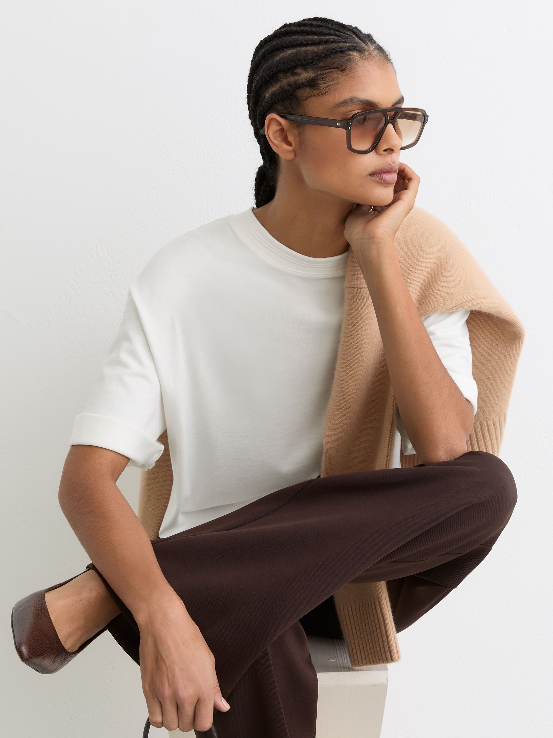 Cotton Ribbed-Neck Oversized T-Shirt in White - Image 1 of 7