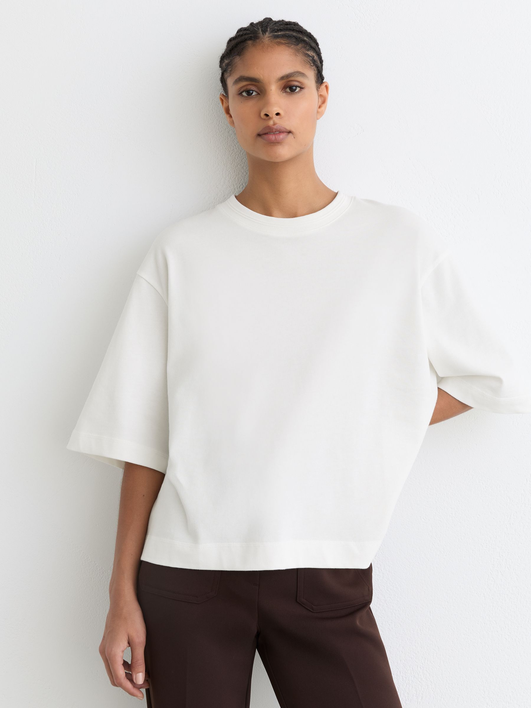 Cotton Ribbed-Neck Oversized T-Shirt in White - Image 4 of 7