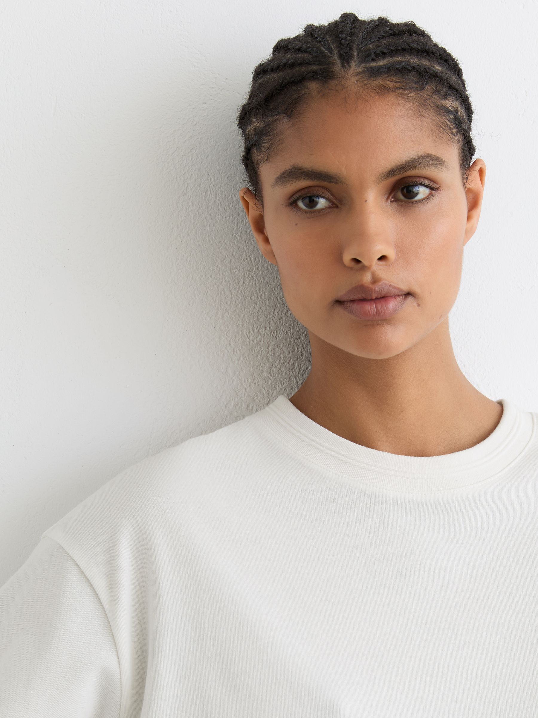 Cotton Ribbed-Neck Oversized T-Shirt in White - Image 5 of 7