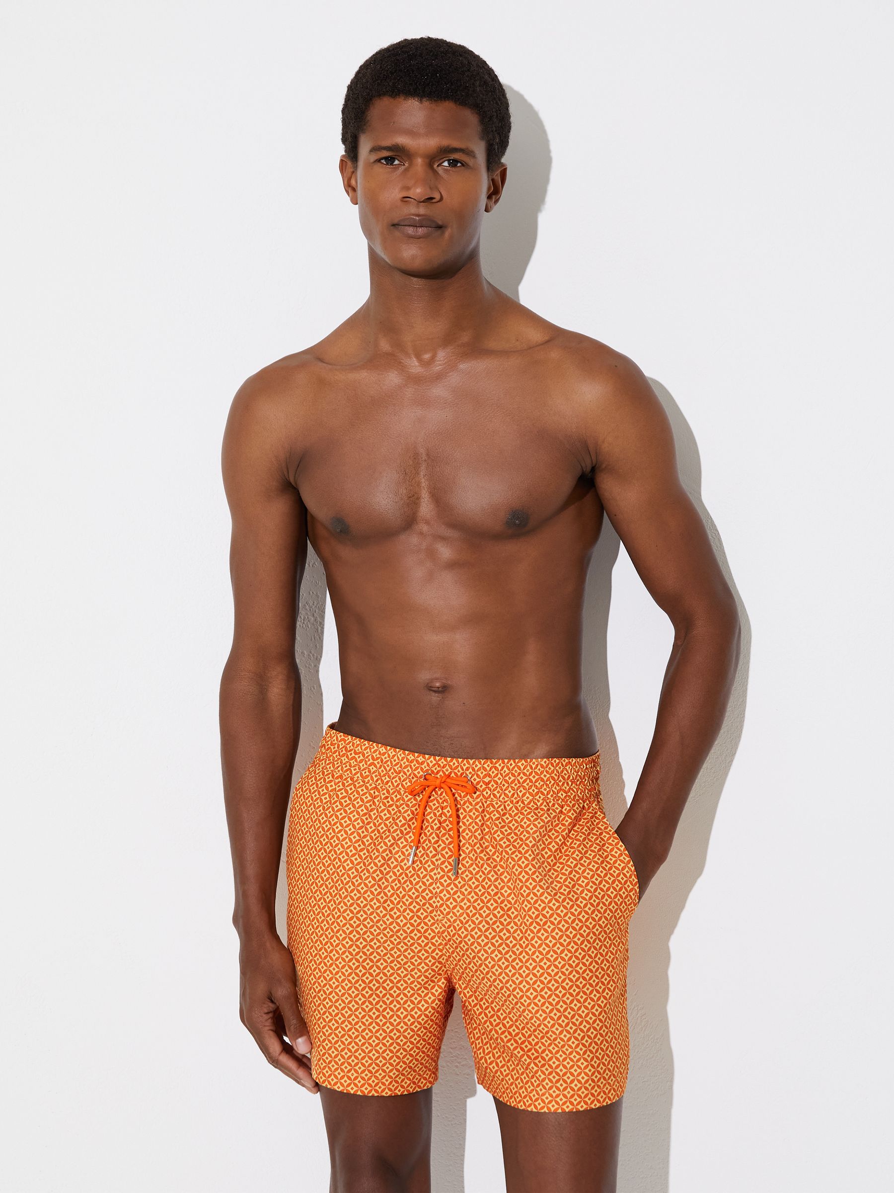 Geometric-Print Swim Shorts in Tangerine Orange - Image 1 of 6