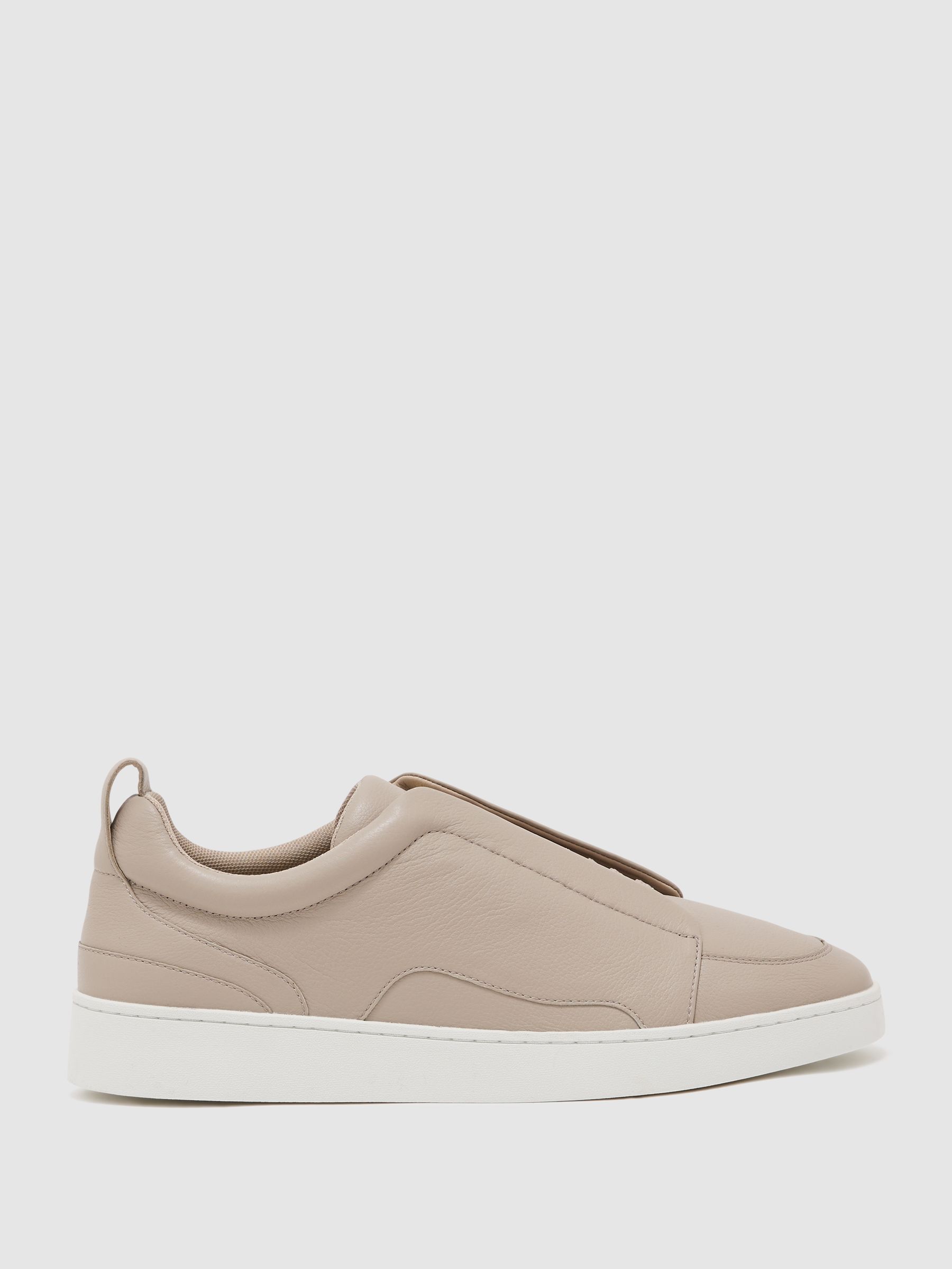 Bonded-Leather Elasticated Trainers in Light Taupe Brown - Image 1 of 5