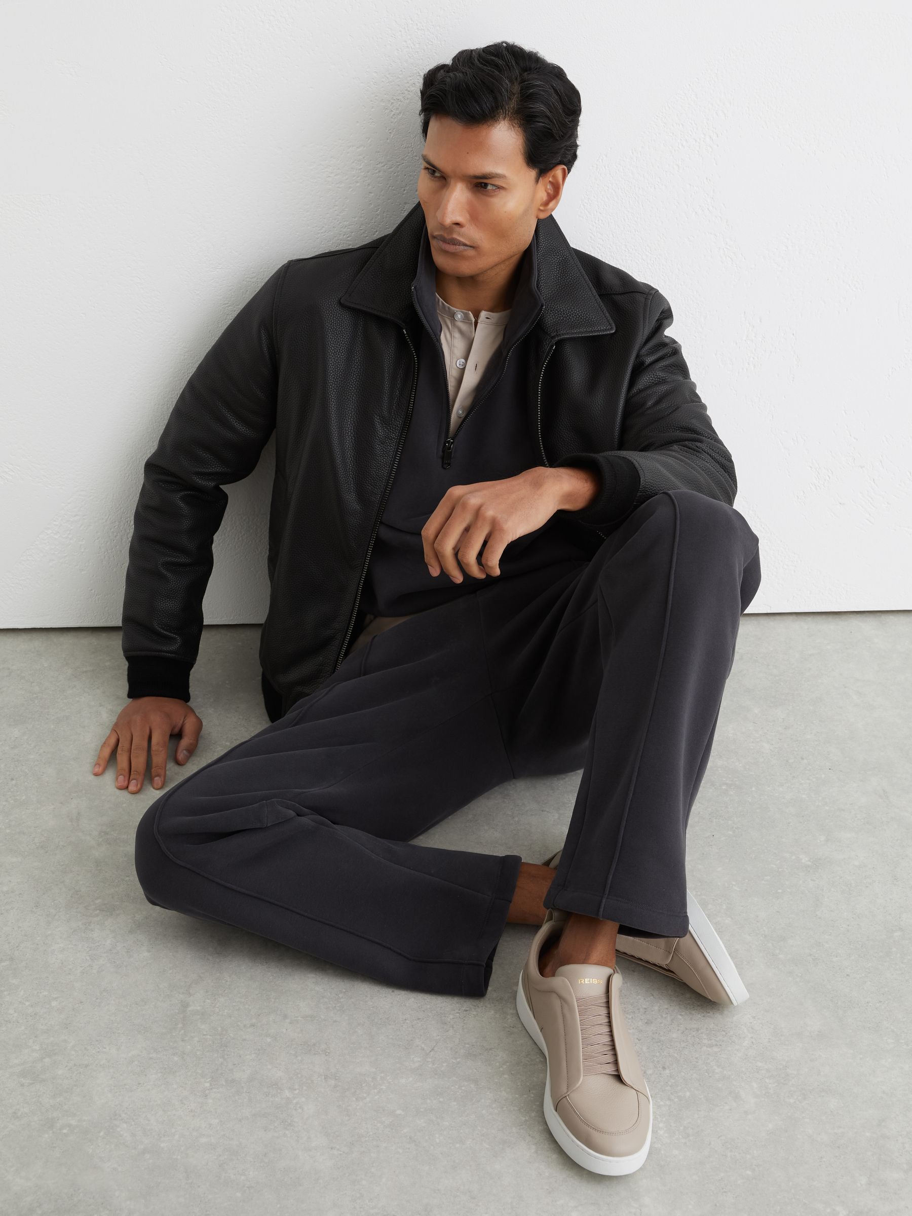 Bonded-Leather Elasticated Trainers in Light Taupe Brown - Image 2 of 5