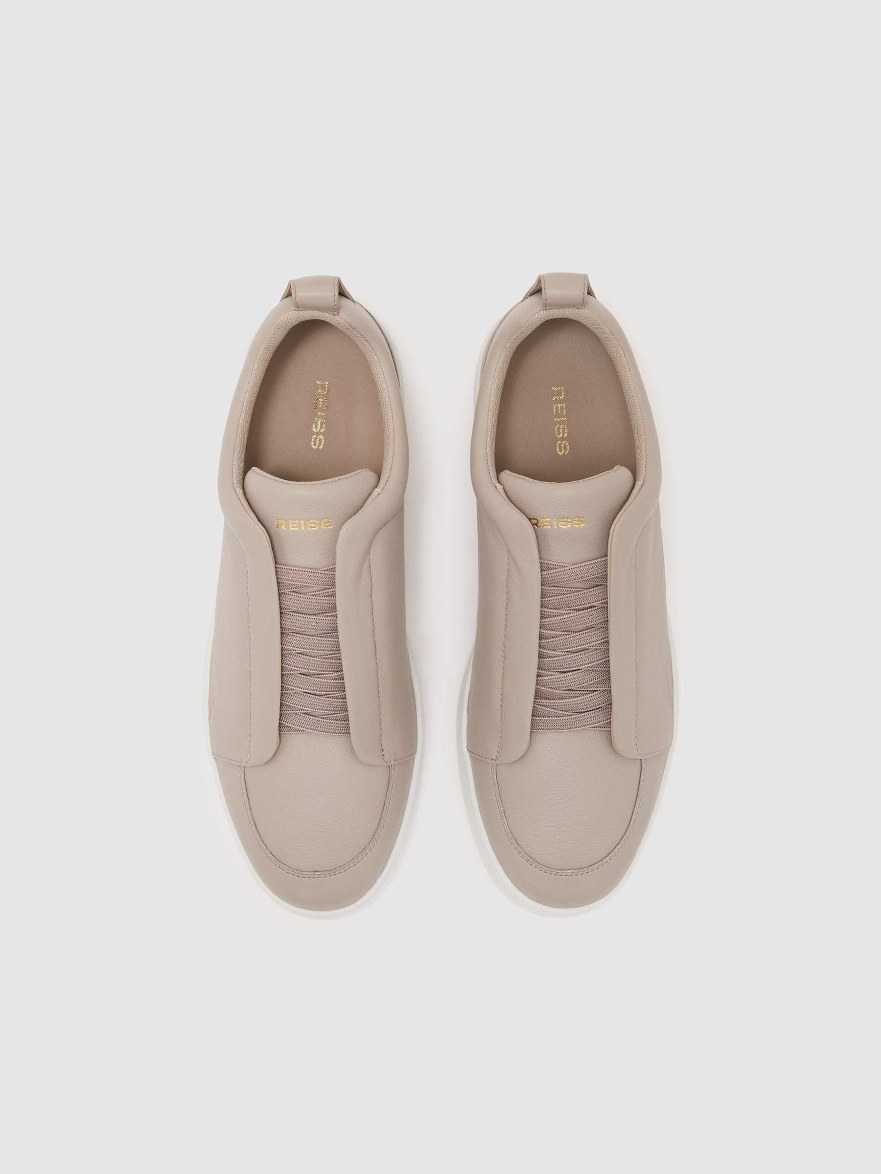 Bonded-Leather Elasticated Trainers in Light Taupe Brown - Image 3 of 5