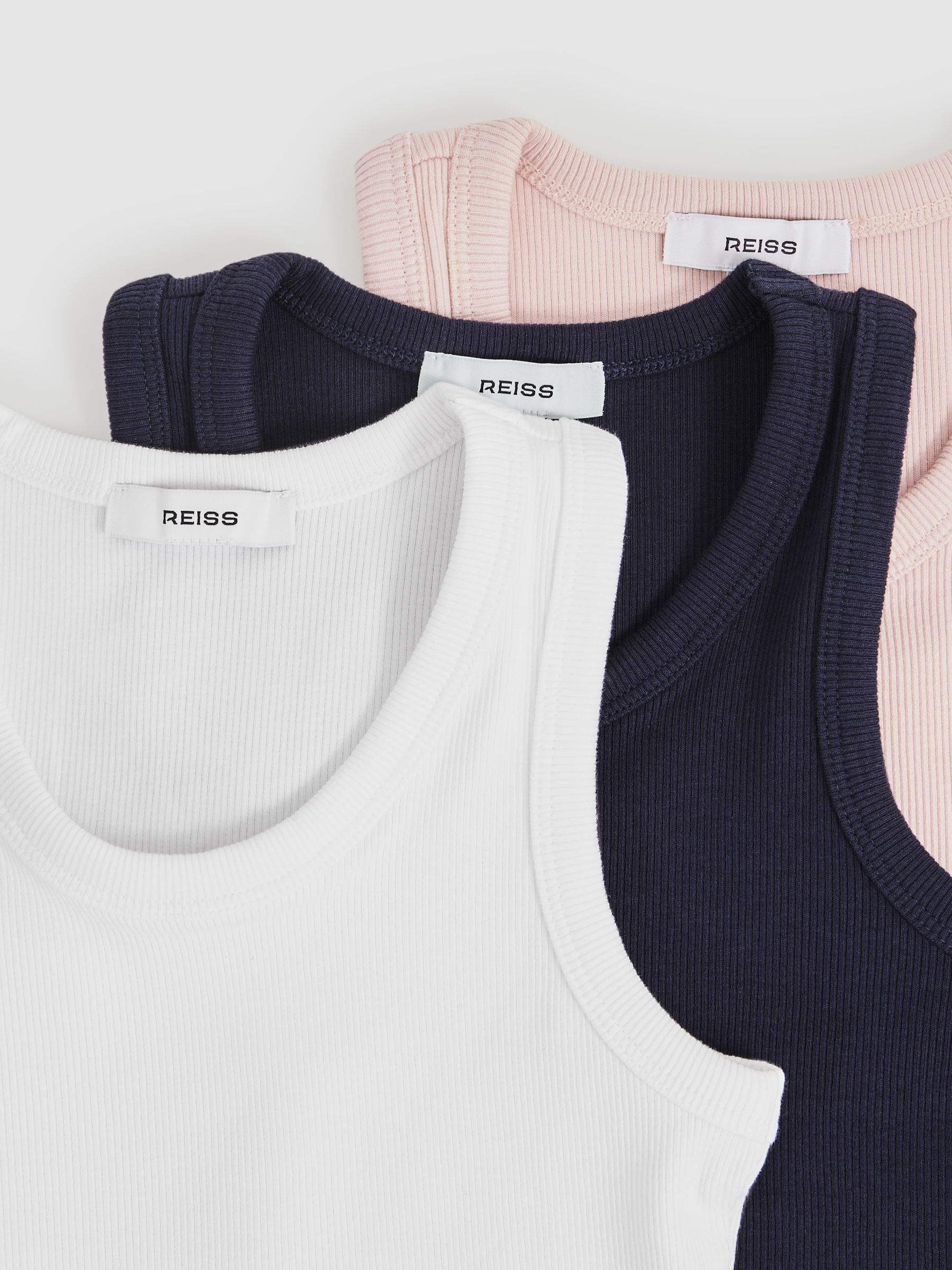Stretch-Cotton Ribbed Vests 3 Pack in White/Pink/Navy - Image 5 of 6