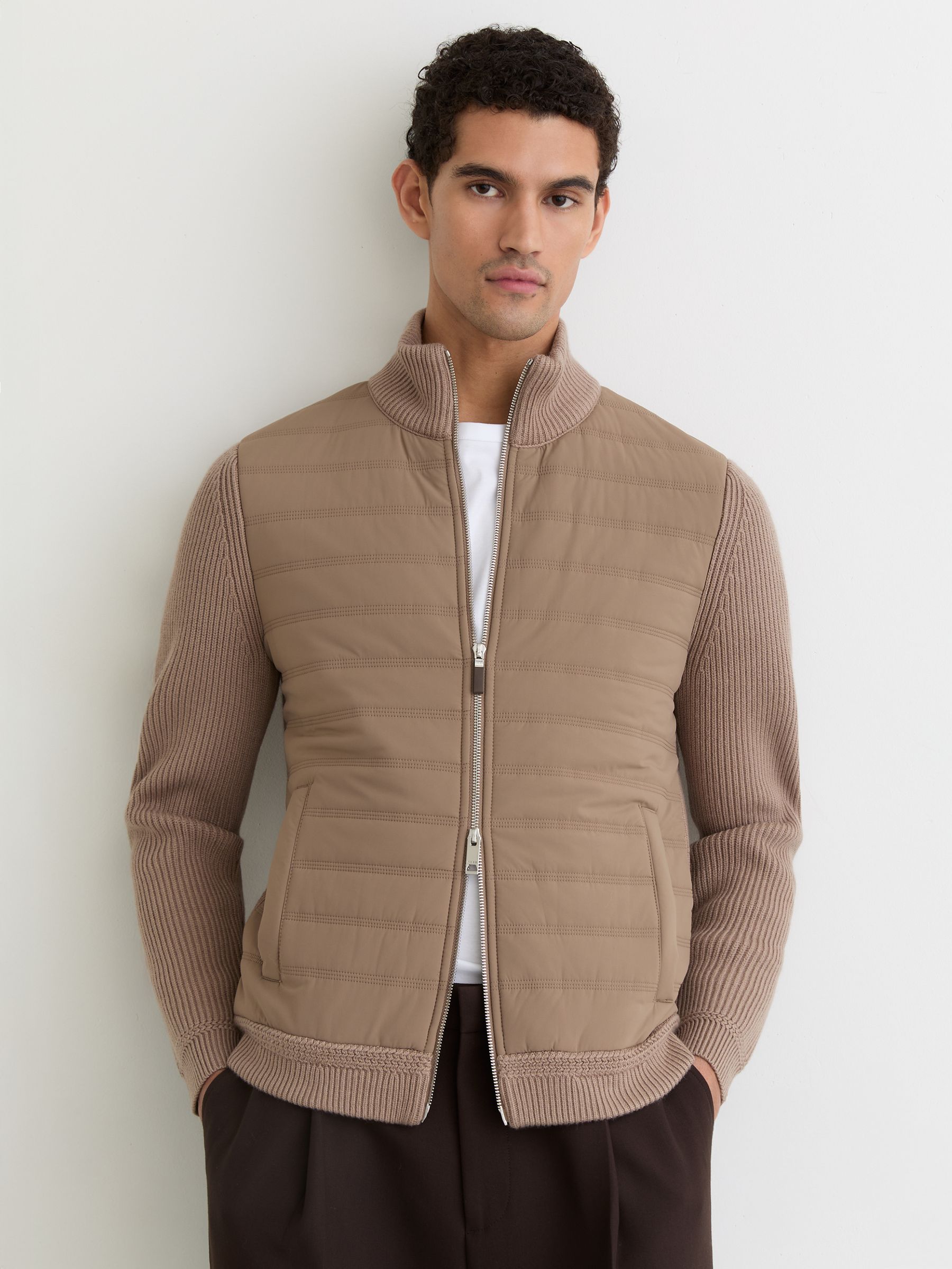 Quilted Rib-Knit Funnel-Neck Jacket in Taupe Brown - Image 1 of 6