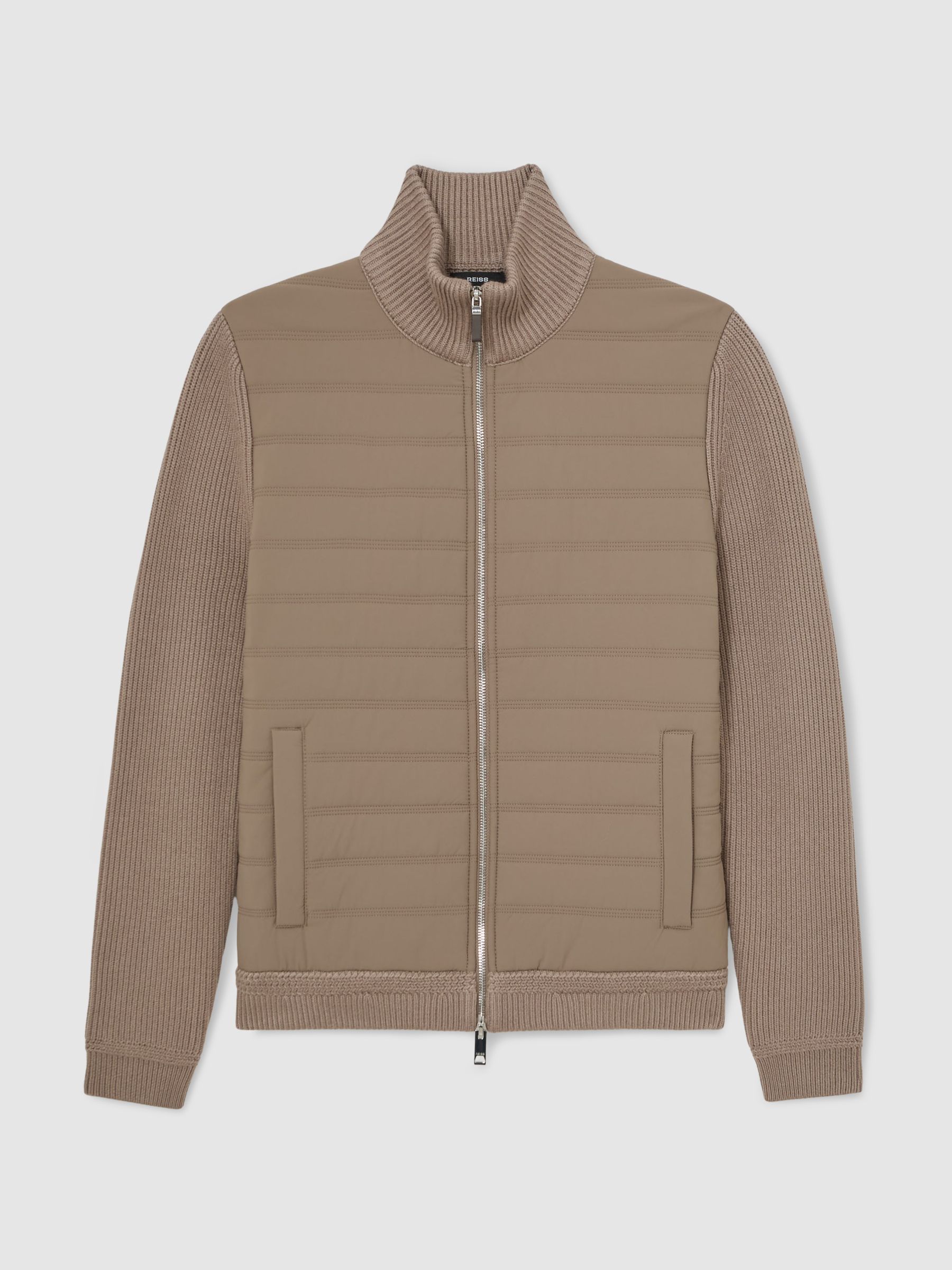 Quilted Rib-Knit Funnel-Neck Jacket in Taupe Brown