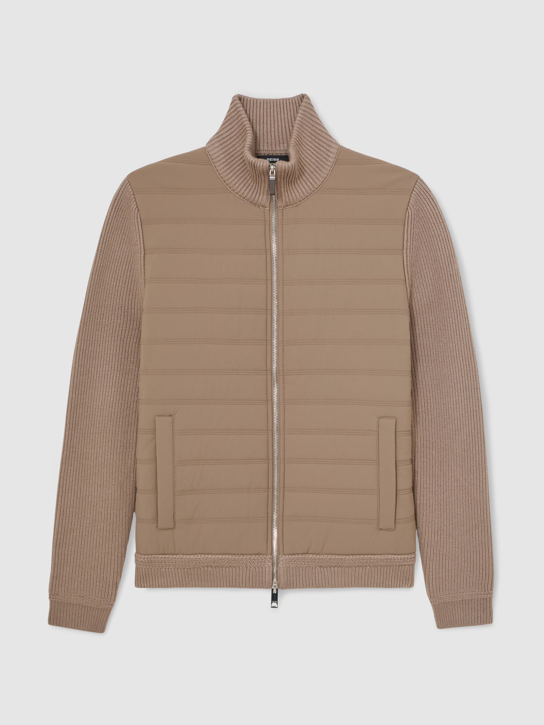 Quilted Rib-Knit Funnel-Neck Jacket in Taupe Brown - Image 2 of 6 Quilted Rib-Knit Funnel-Neck Jacket in Taupe Brown - Image 2 of 6
