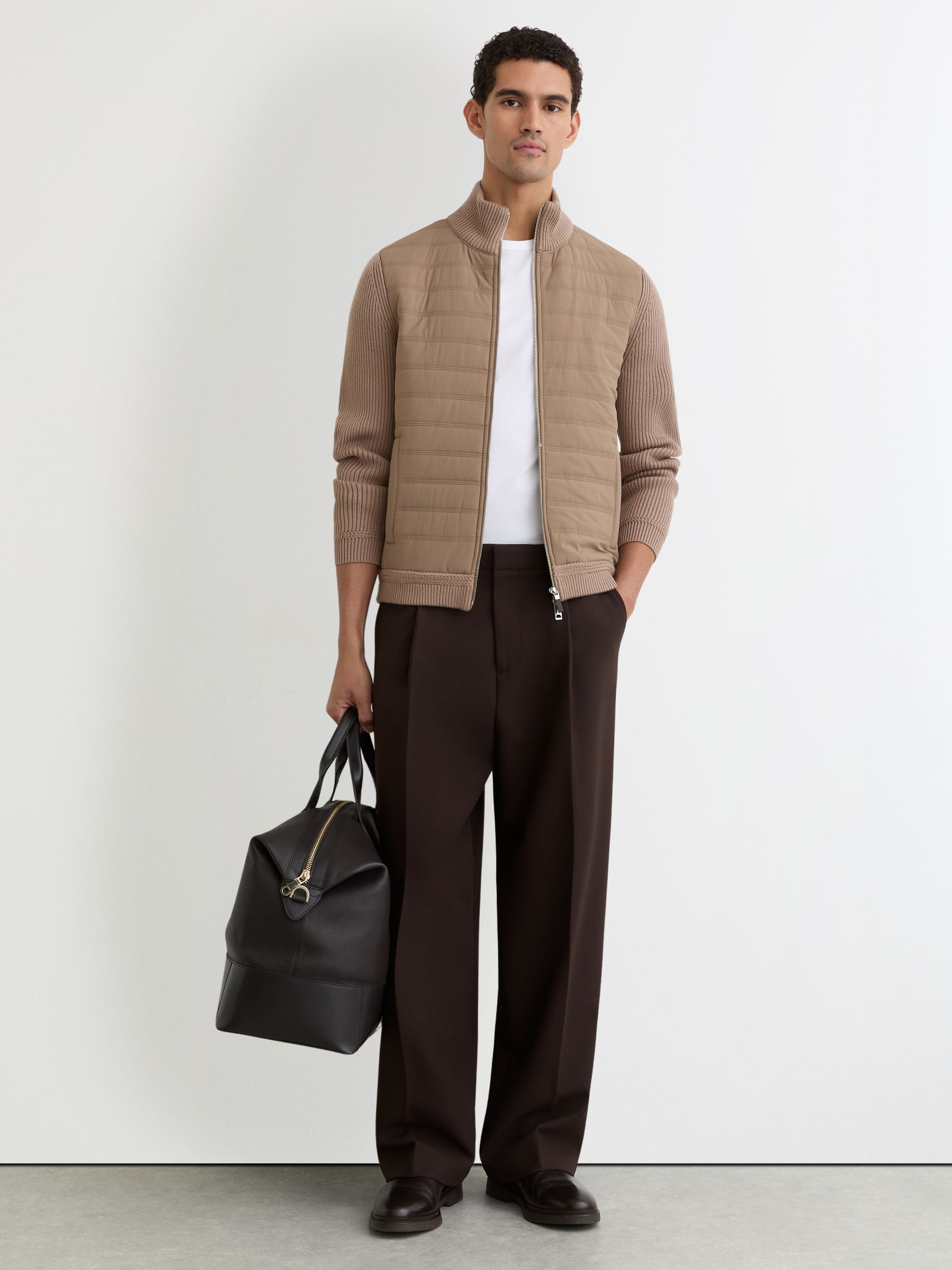 Quilted Rib-Knit Funnel-Neck Jacket in Taupe Brown - Image 3 of 6