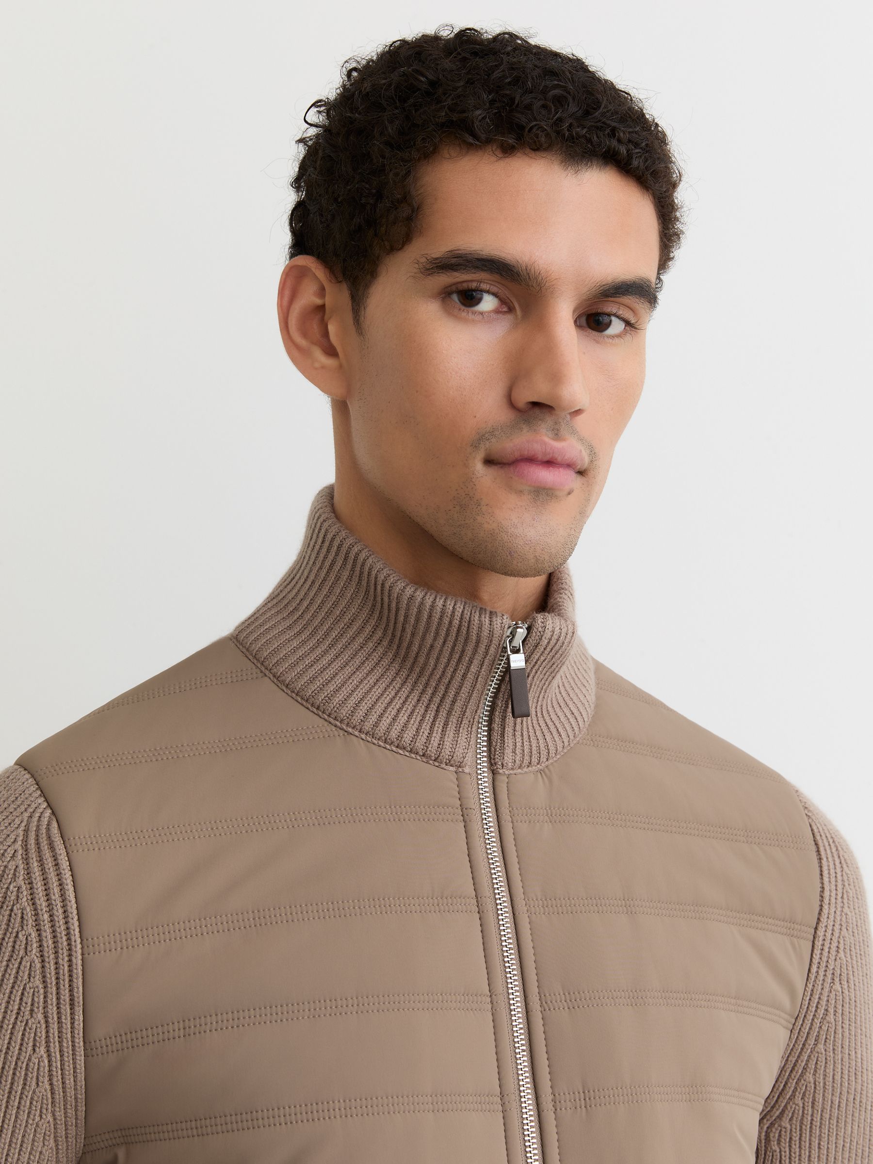 Quilted Rib-Knit Funnel-Neck Jacket in Taupe Brown - image 4