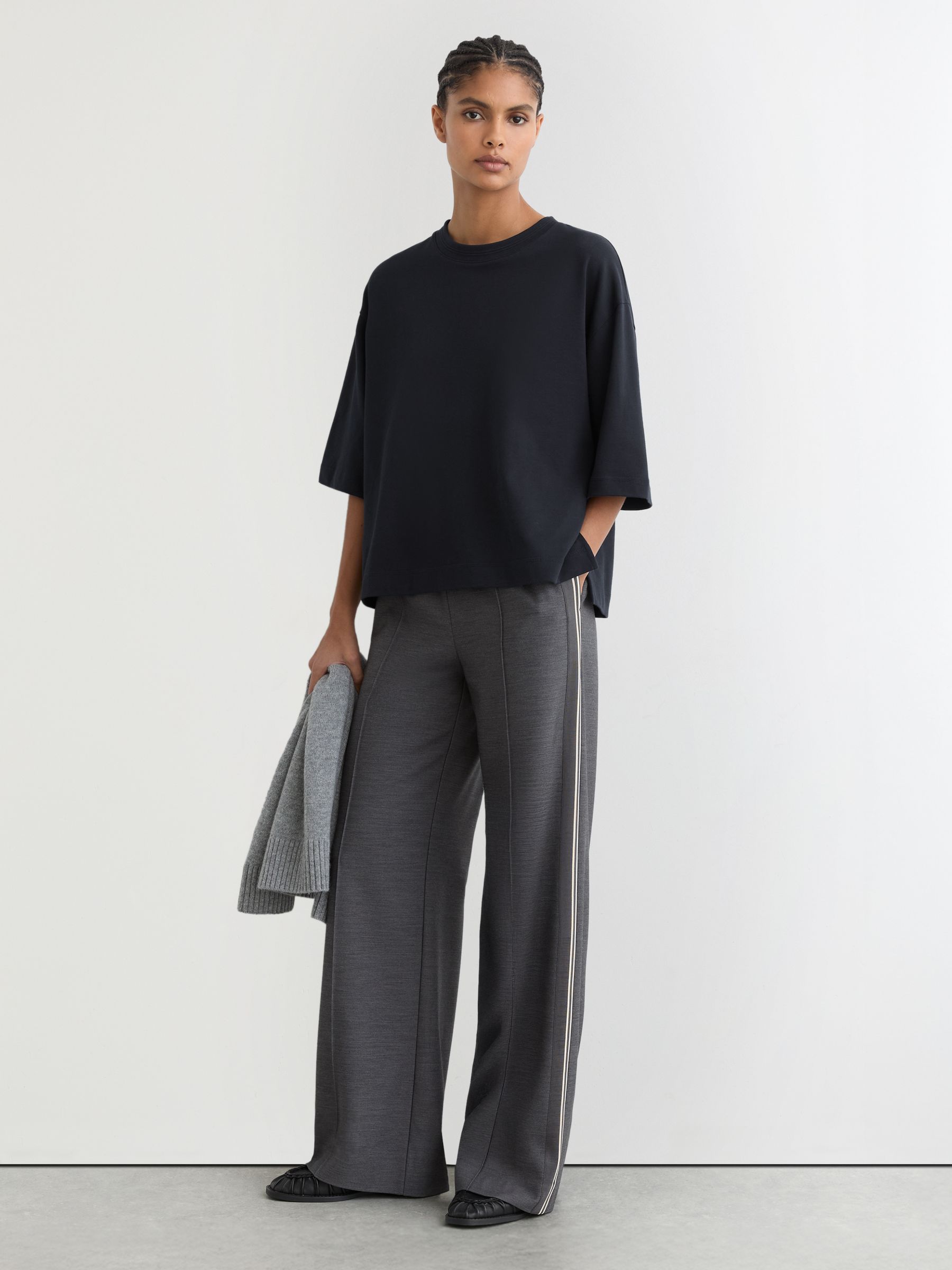 Cotton Ribbed-Neck Oversized T-Shirt in Navy - Image 1 of 6