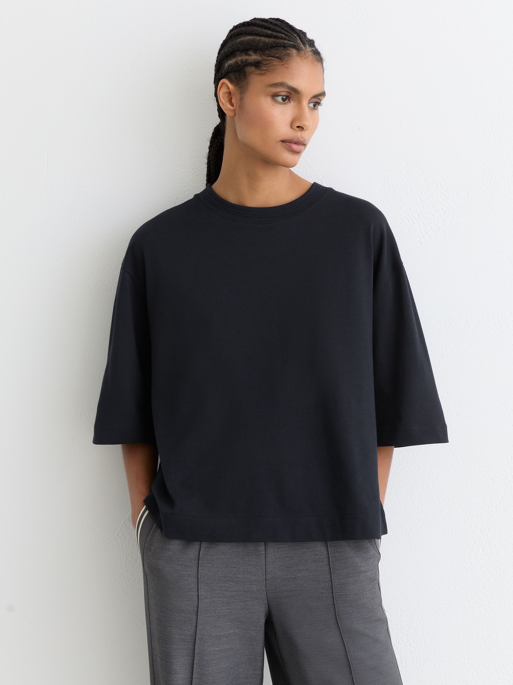 Cotton Ribbed-Neck Oversized T-Shirt in Navy - Image 3 of 6