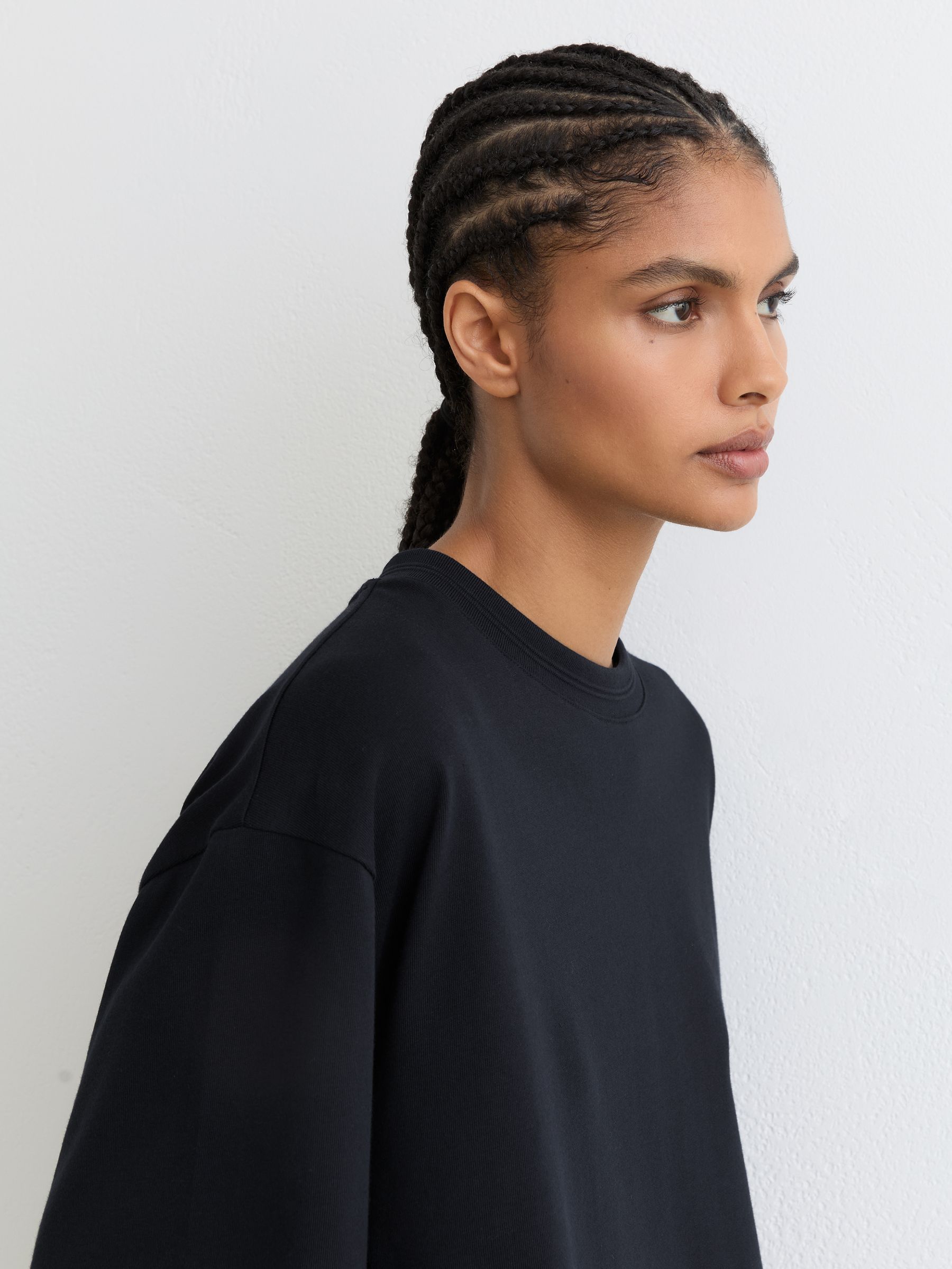 Cotton Ribbed-Neck Oversized T-Shirt in Navy - Image 4 of 6