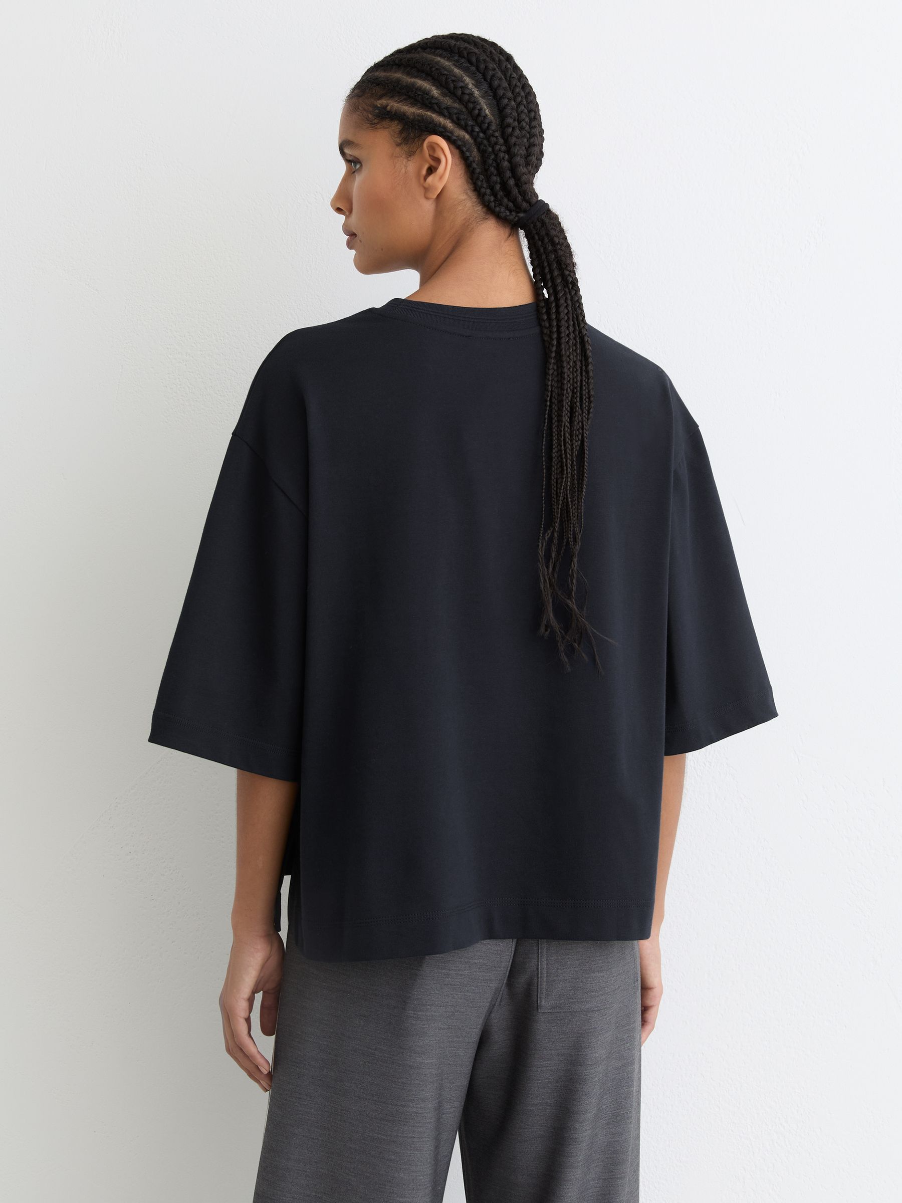 Cotton Ribbed-Neck Oversized T-Shirt in Navy - Image 5 of 6
