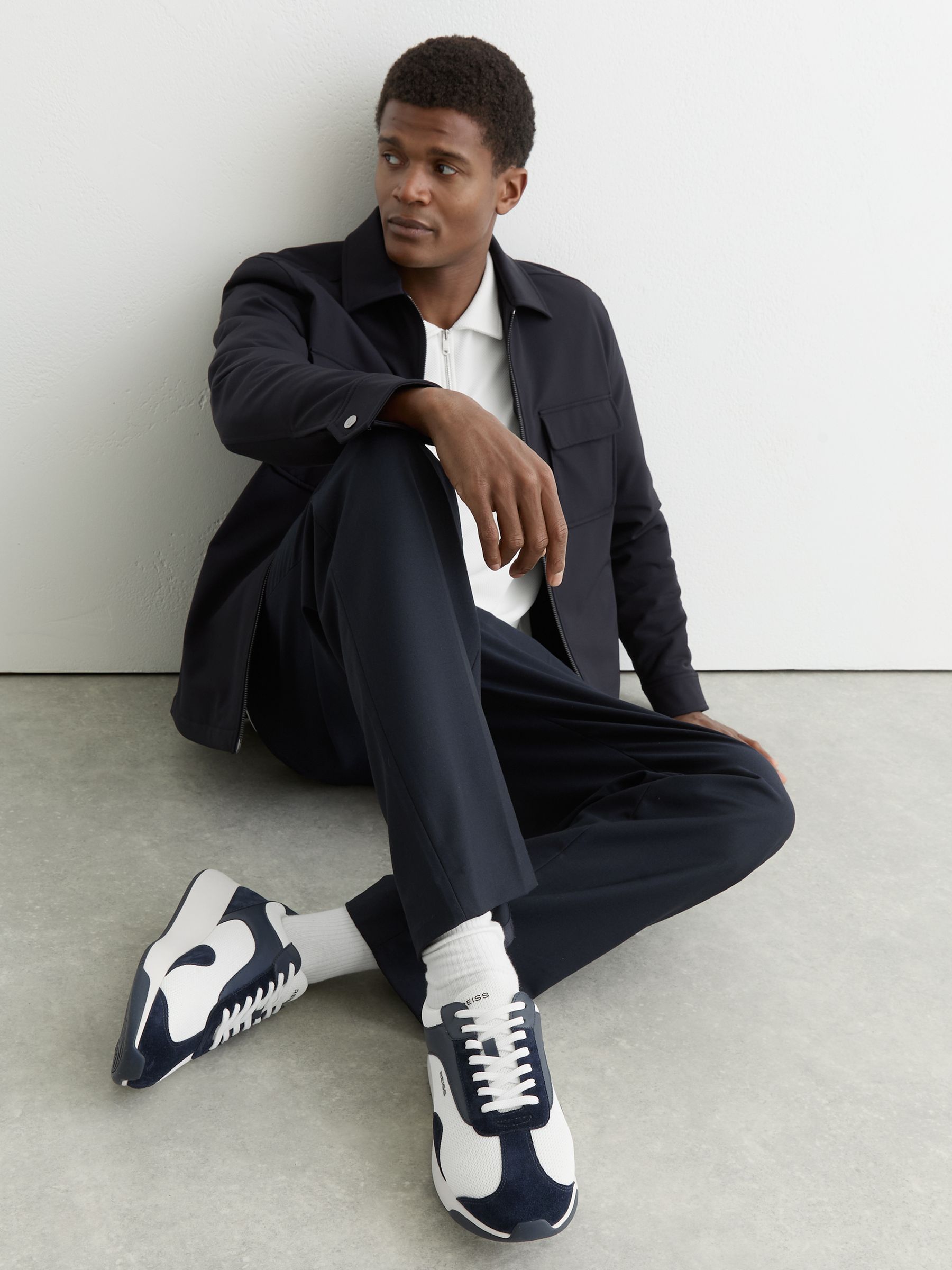 Bonded-Leather Suede Running Trainers in Navy/White - Image 1 of 6