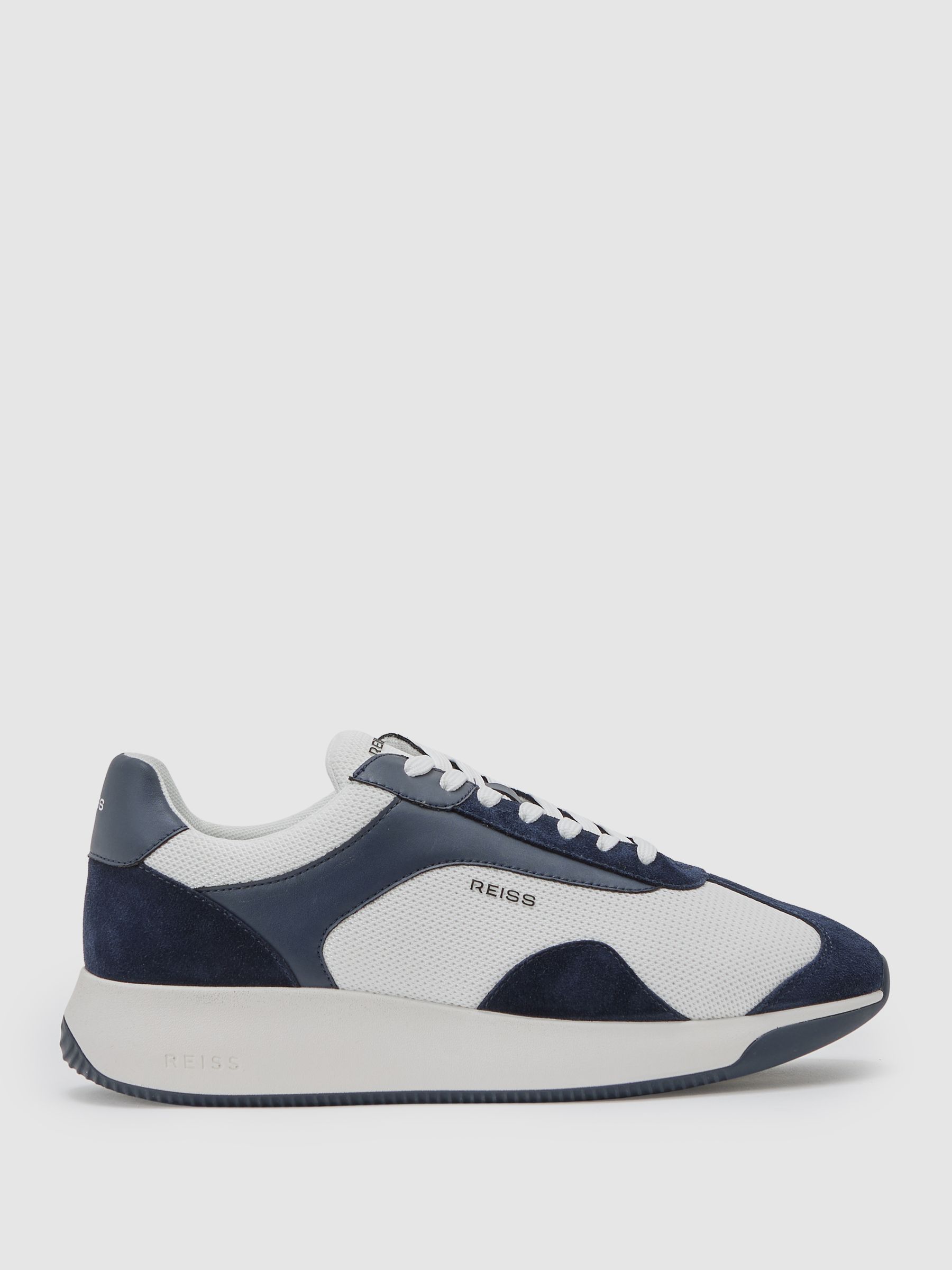Bonded-Leather Suede Running Trainers in Navy/White - Image 2 of 6