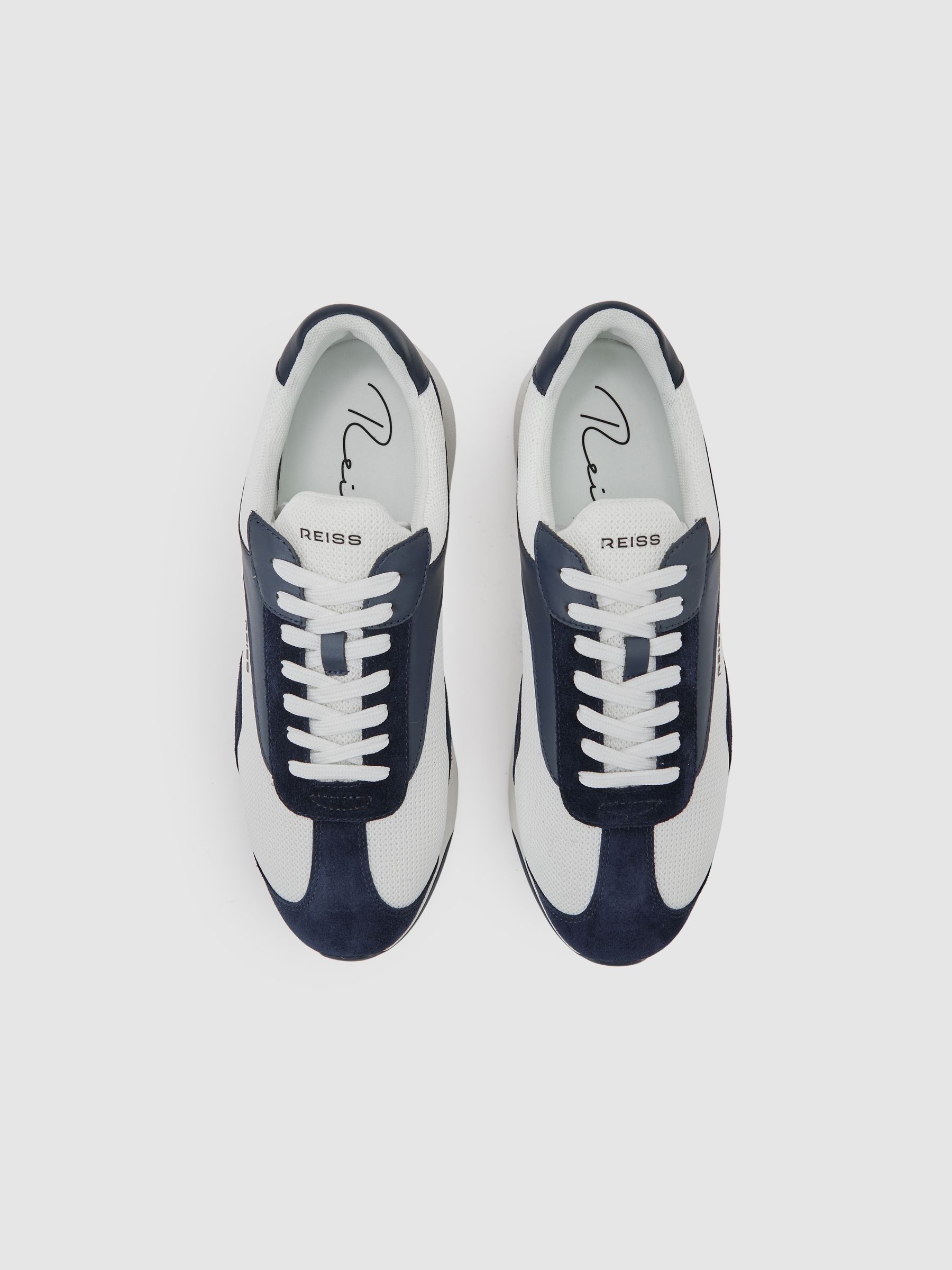 Bonded-Leather Suede Running Trainers in Navy/White - Image 3 of 6