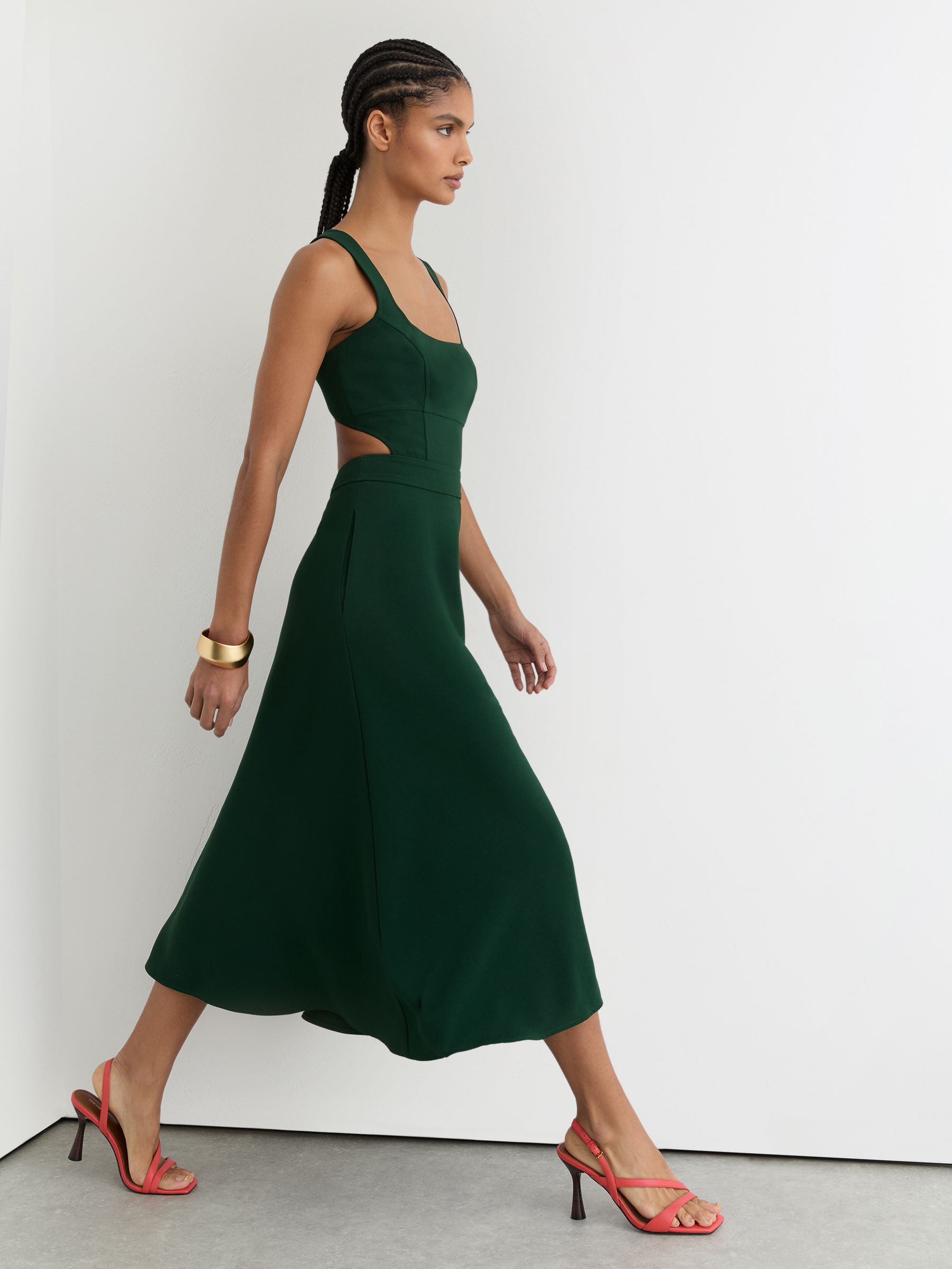 Waisted Cut-Out Twill Midi Dress in Green - Image 1 of 7