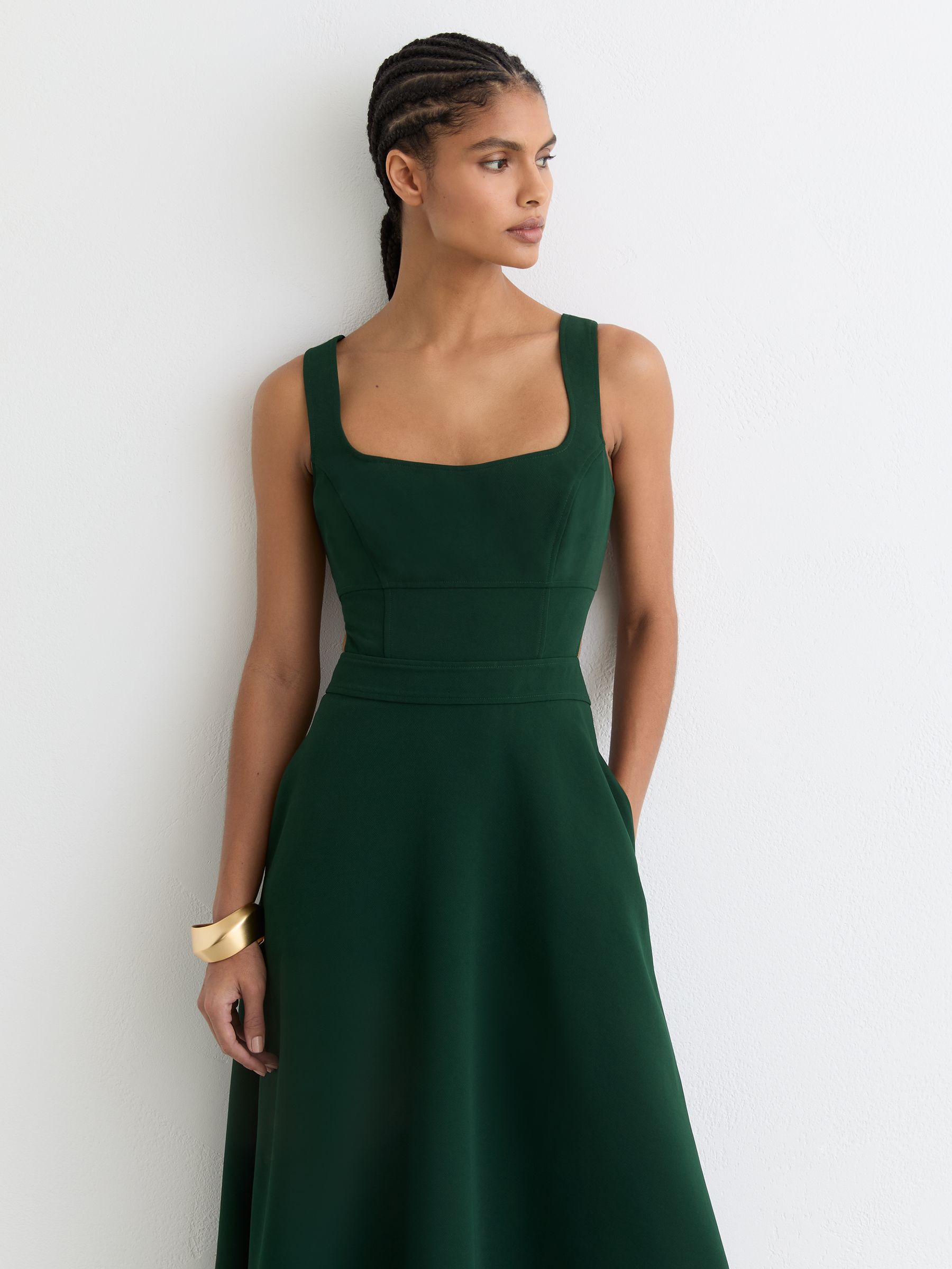 Reiss Waisted Cut-Out Twill Midi Dress in Green | REISS