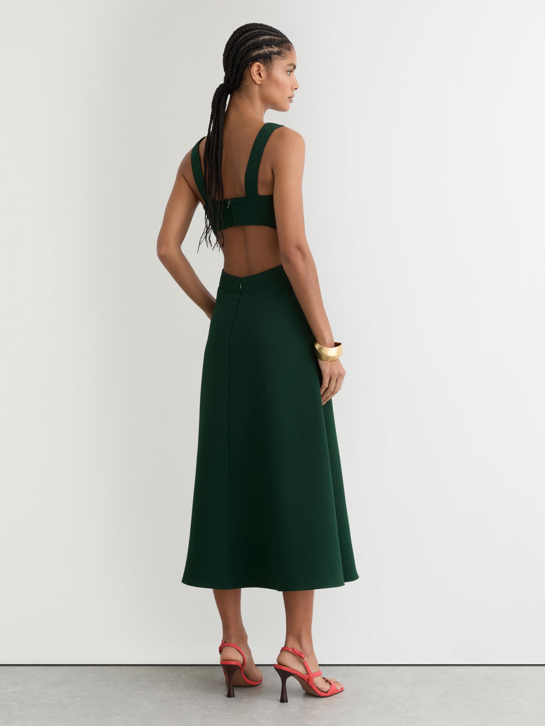 Waisted Cut-Out Twill Midi Dress in Green - image 5